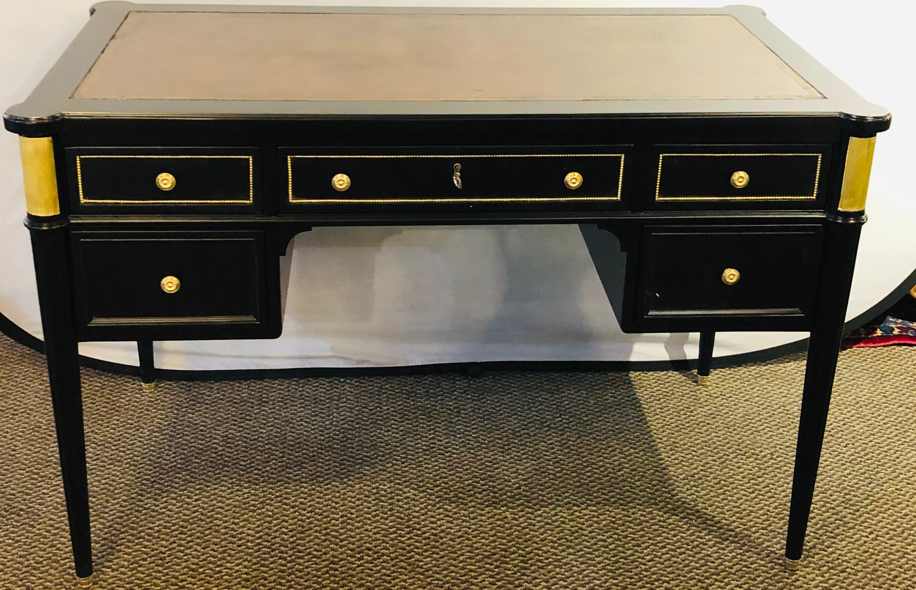 Louis XVI Hollywood Regency Ebony Desk Manner of Maison Jansen Bronze Mounted In Good Condition In Manhasset, NY