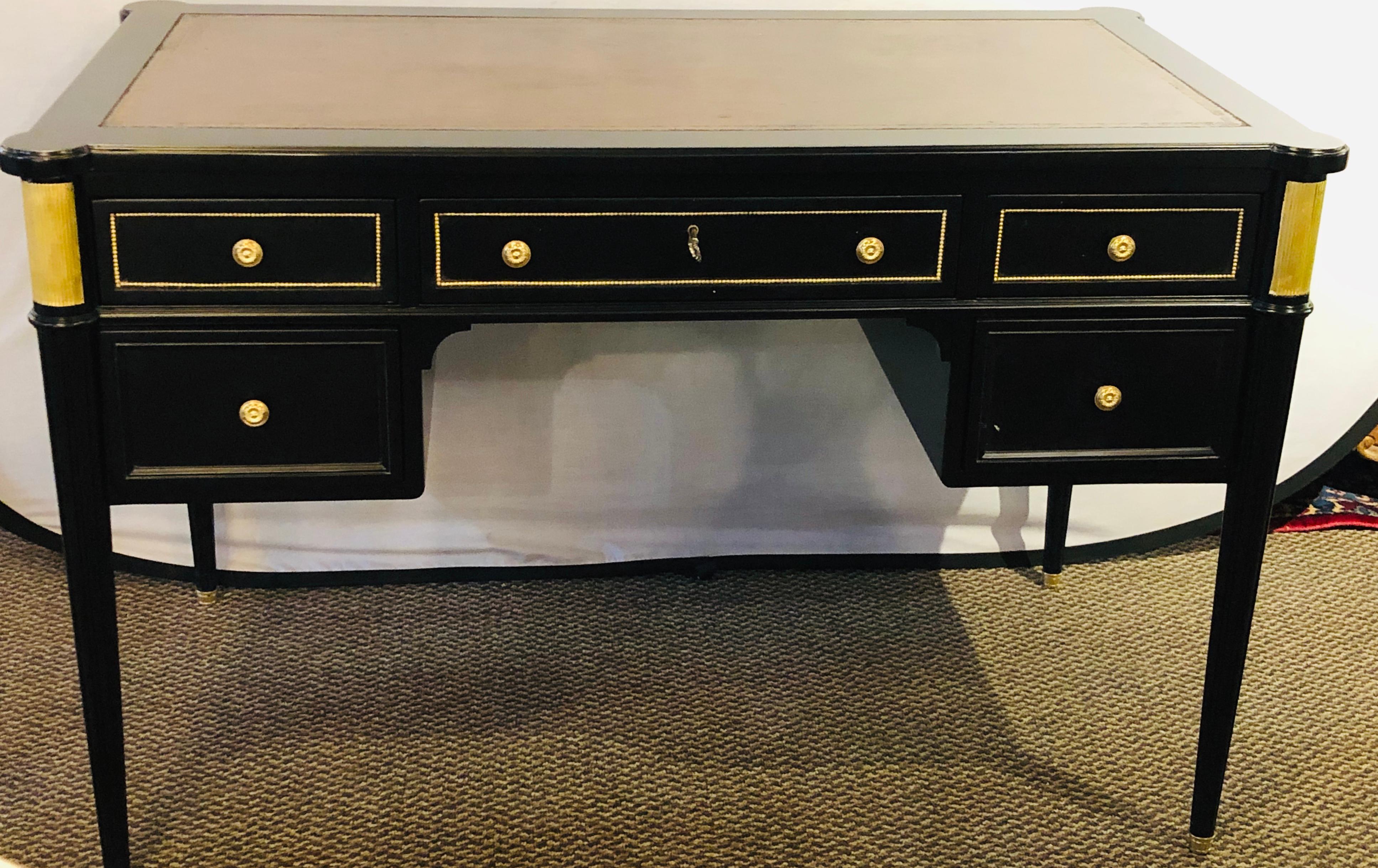 Mid-20th Century Louis XVI Hollywood Regency Ebony Desk Manner of Maison Jansen Bronze Mounted