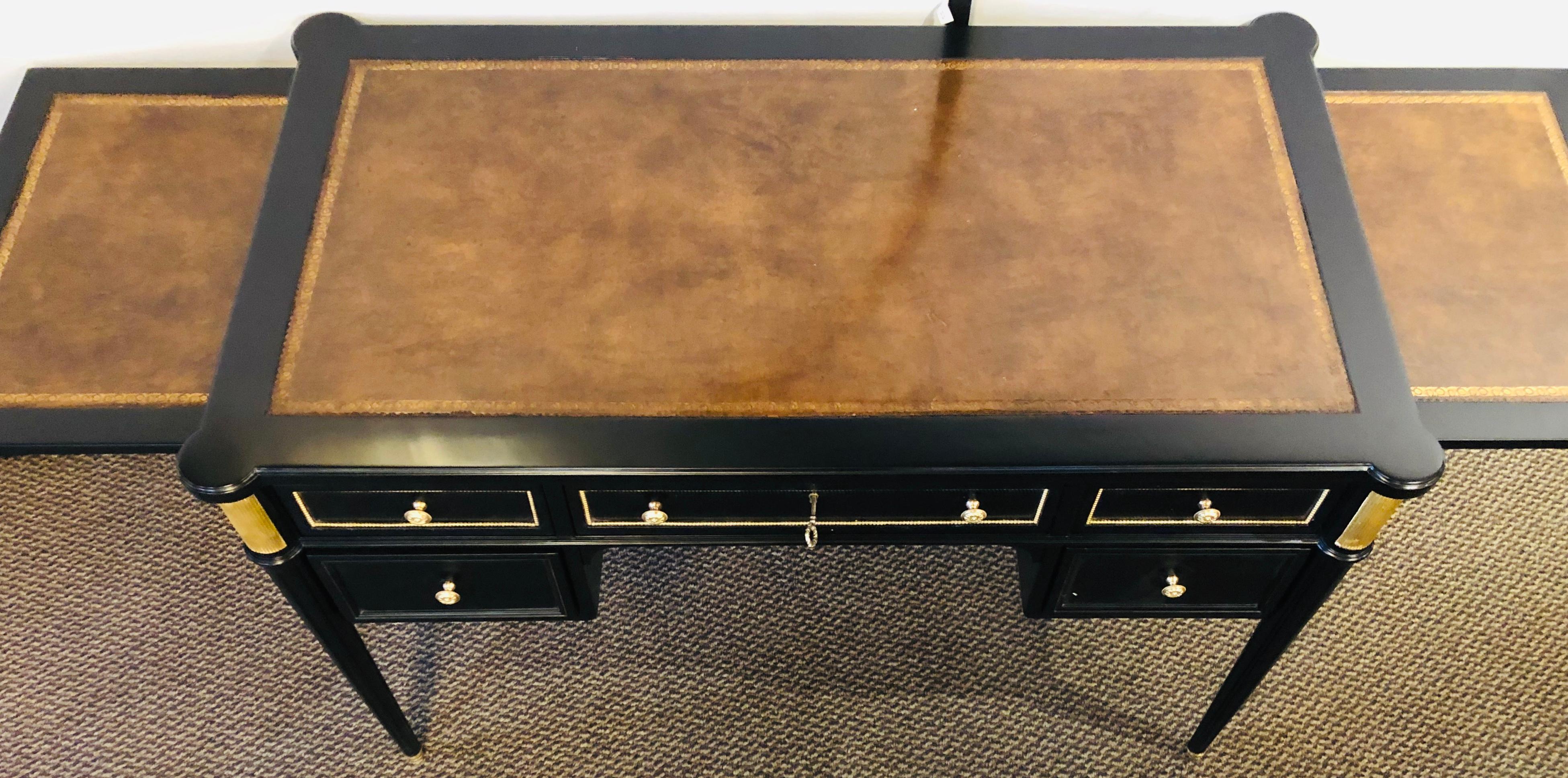 Leather Louis XVI Hollywood Regency Ebony Desk Manner of Maison Jansen Bronze Mounted