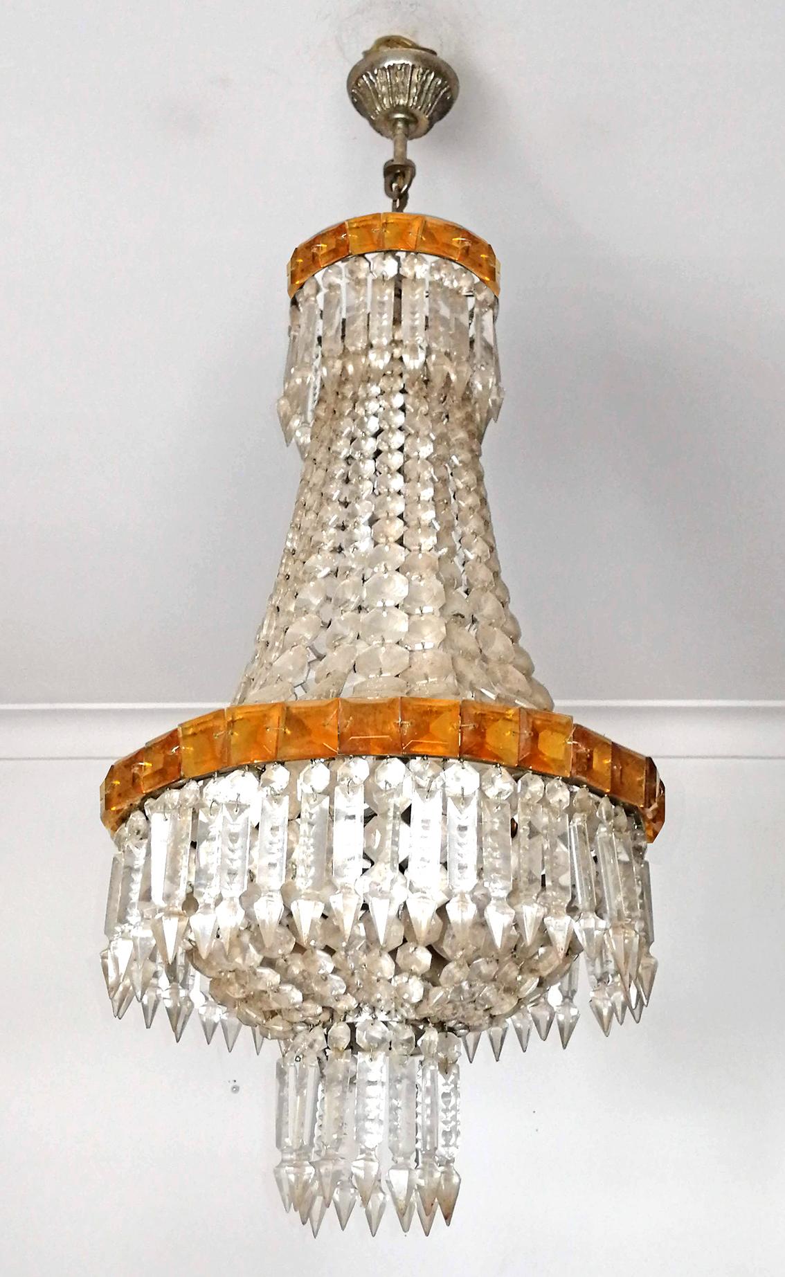 Neoclassical Louis XVI Hollywood Regency Empire Amber Crystal Basket Chandelier, circa 1920 For Sale