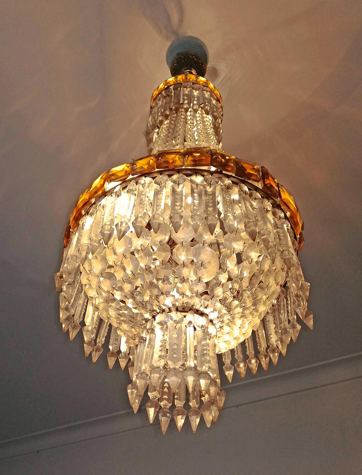 French Louis XVI Hollywood Regency Empire Amber Crystal Basket Chandelier, circa 1920 For Sale