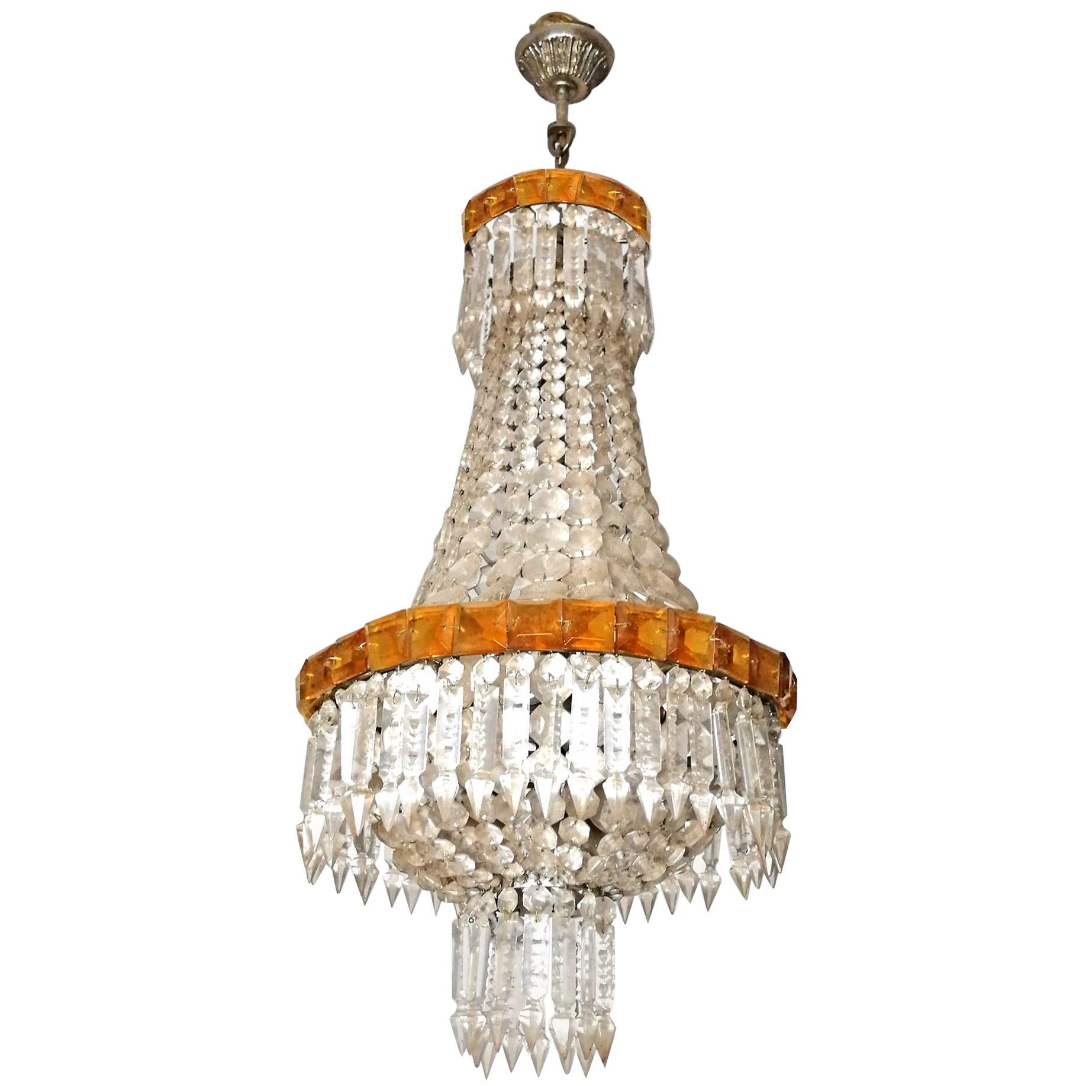 Lustre panier en cristal ambré Empire de style Louis XVI Hollywood Regency, vers 1920