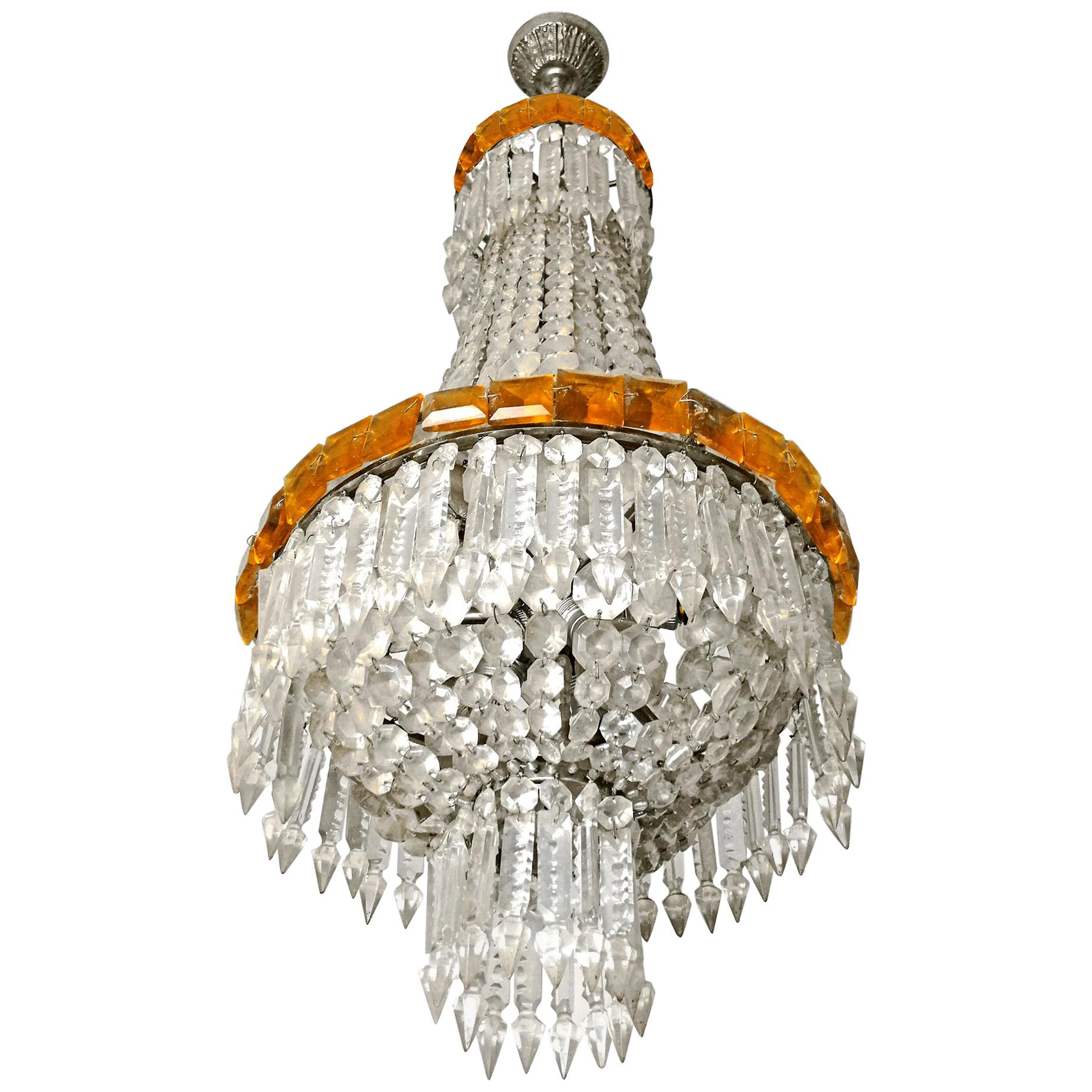 Lustre panier en cristal ambré Empire de style Louis XVI Hollywood Regency, vers 1920