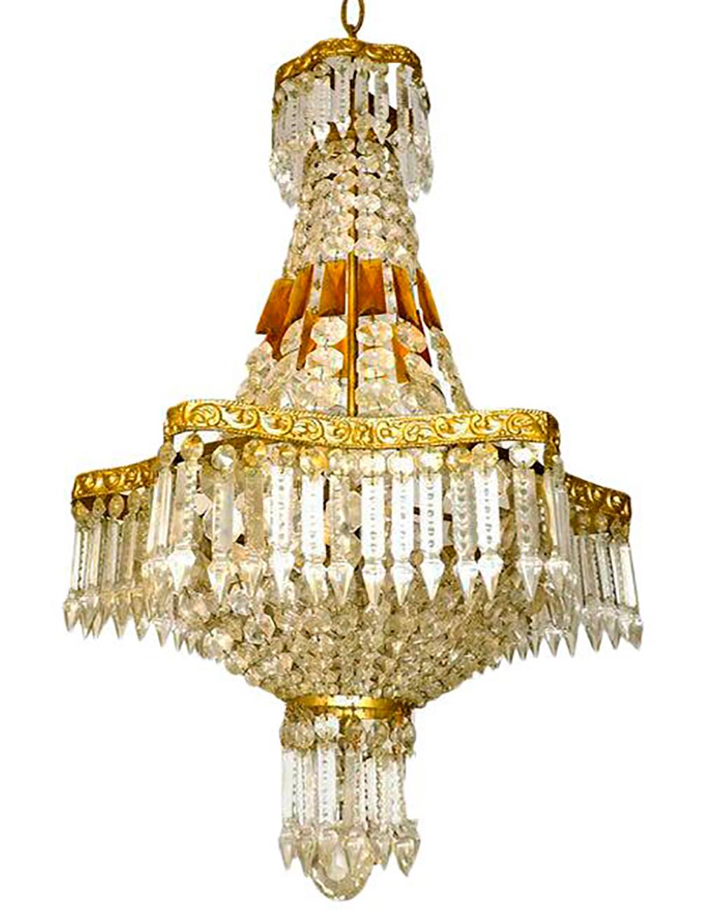 Six-light French Empire amber crystal basket chandelier with a hexagonal gilt bronze frame. Also have matching a pair of light sconces.
Measures:
Diameter 19 in/ 48 cm
Height 43.3 in(10 in chain) / 110 cm (25 cm chain)
Weight: 20 lb/ 9 Kg
Six light