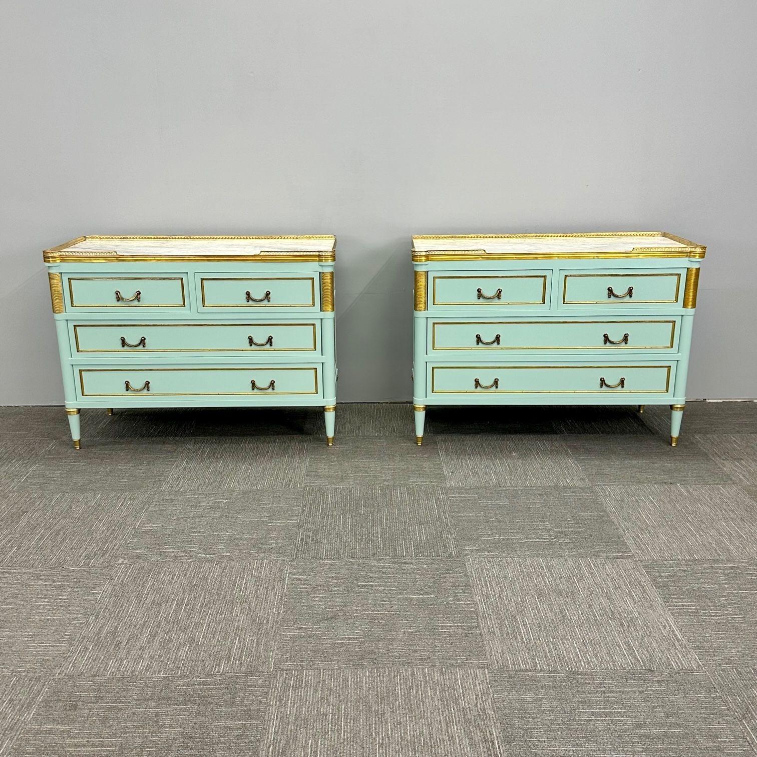 Louis XVI Hollywood Regency Jansen Style Mint Green Commodes / Nightstands
 
Pair of Maison Jansen style Hollywood Regency marble top mounted Mint Green Painted Commodes or Nightstands. This is a stunning pair of large and impressive paint