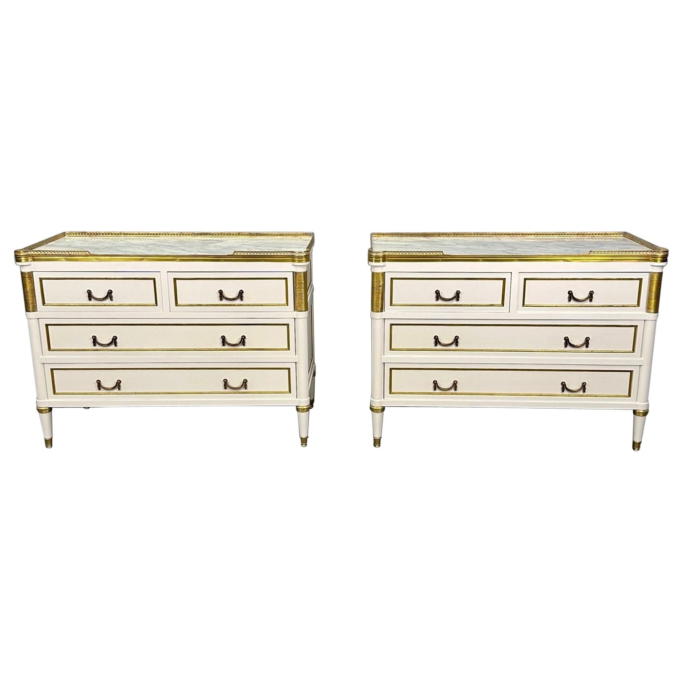 Louis XVI Hollywood Regency Maison Jansen Style White Commodes / Nightstands