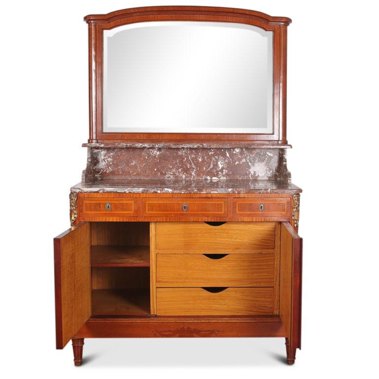 A French inlaid satinwood marble-top washstand with inlaid classical motifs to the doors and parquetry inlaid sides. Nicely-fitted interior and original beveled mirror. 

Part of a complete French satinwood bedroom suite. 

Measures: 46? wide x