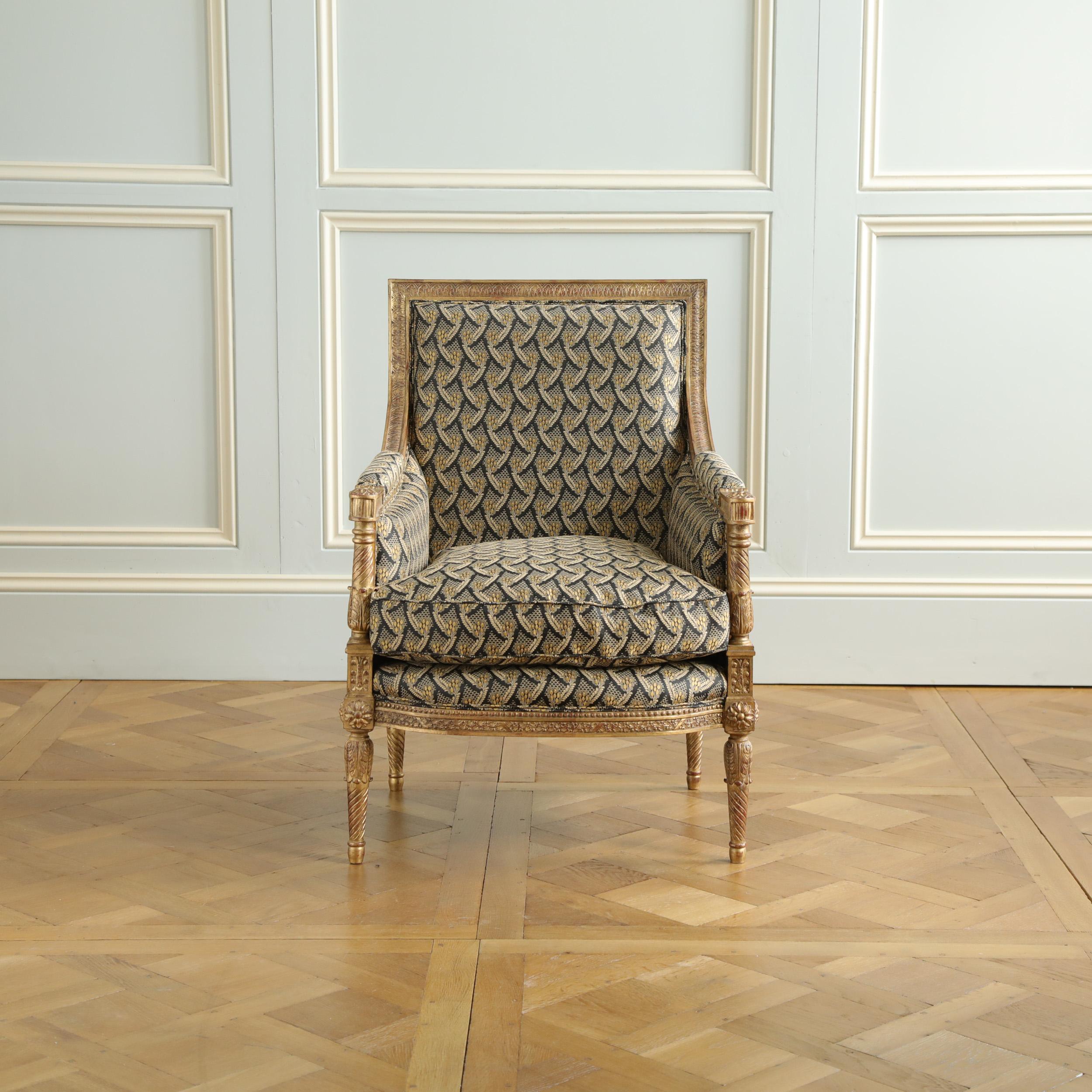 Bergere aus vergoldetem Holz im Jacob-Stil im Louis-XVI.-Stil von La Maison London (Louis XVI.) im Angebot