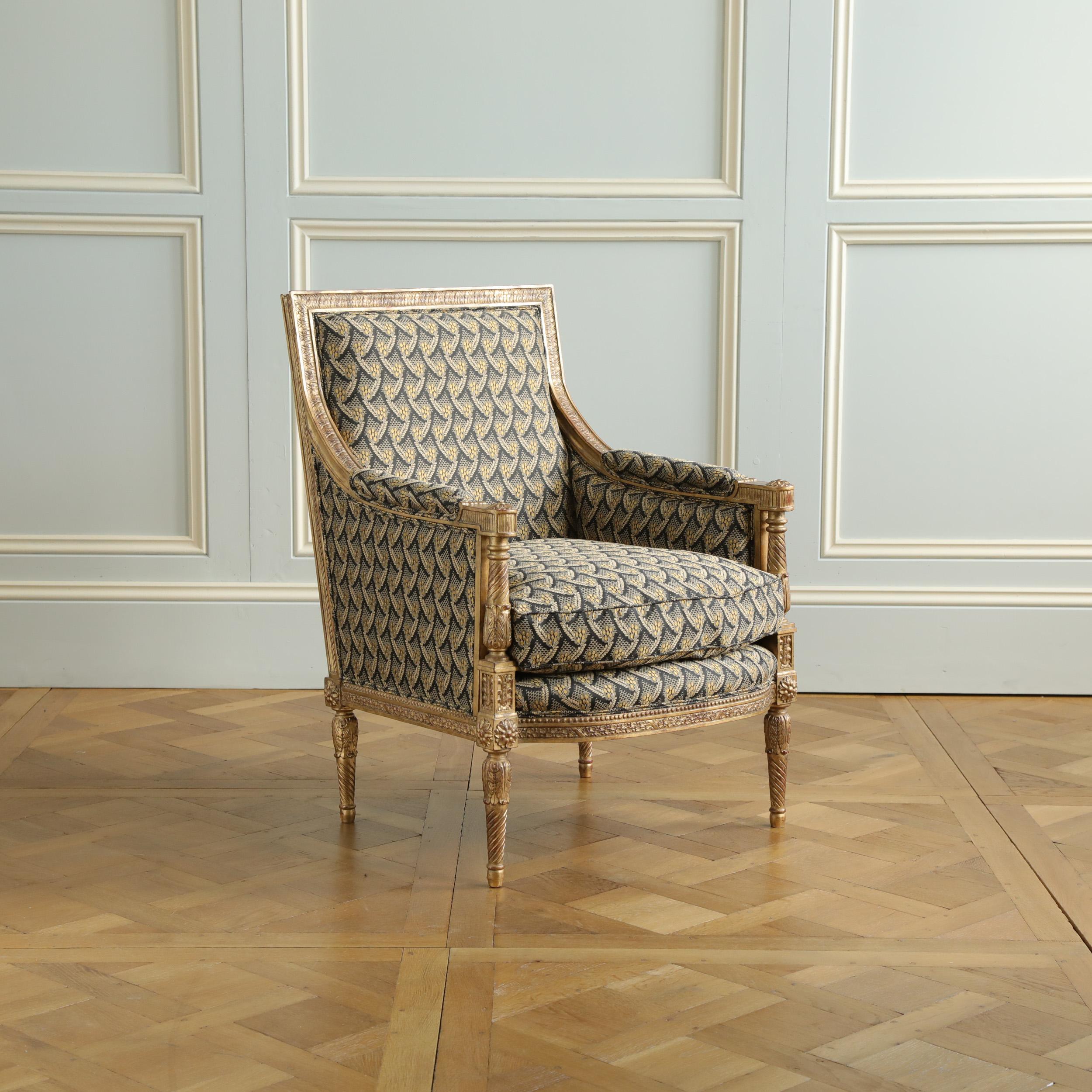 Bergere aus vergoldetem Holz im Jacob-Stil im Louis-XVI.-Stil von La Maison London (Vergoldet) im Angebot