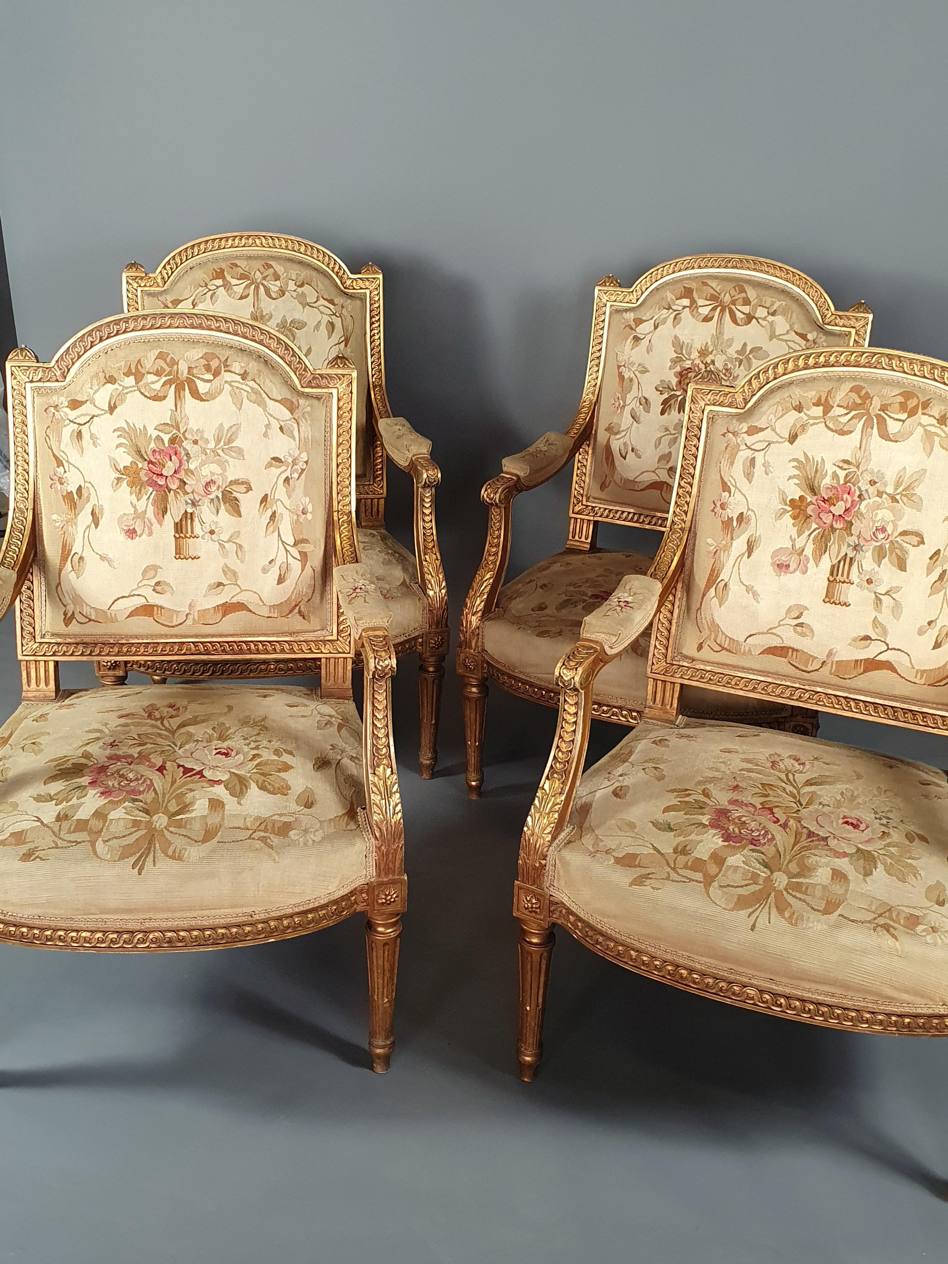 Louis XVI Living Room Furniture In Gilded Wood And Aubusson Tapestry In Good Condition In BARSAC, FR
