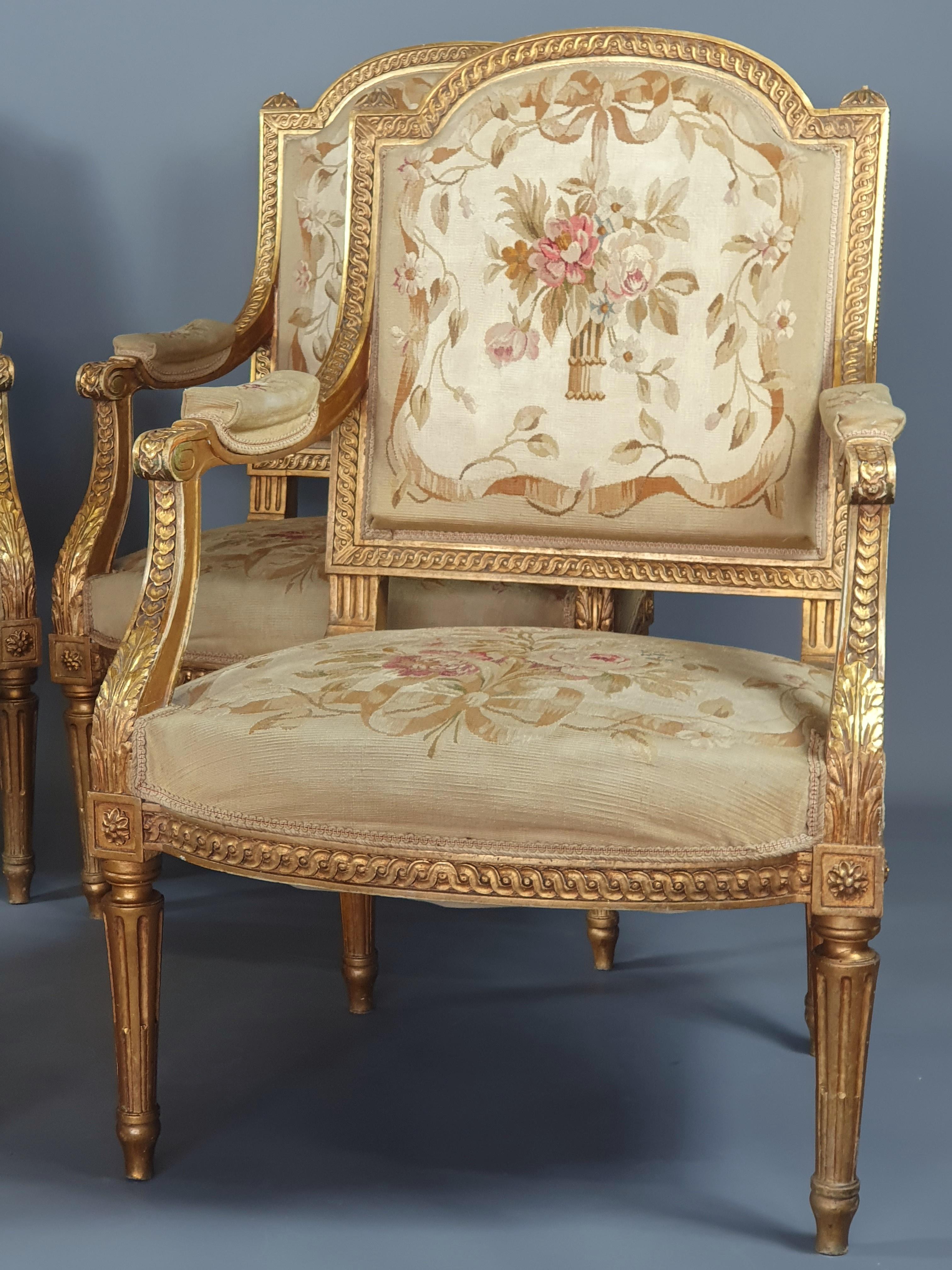 19th Century Louis XVI Living Room Furniture In Gilded Wood And Aubusson Tapestry