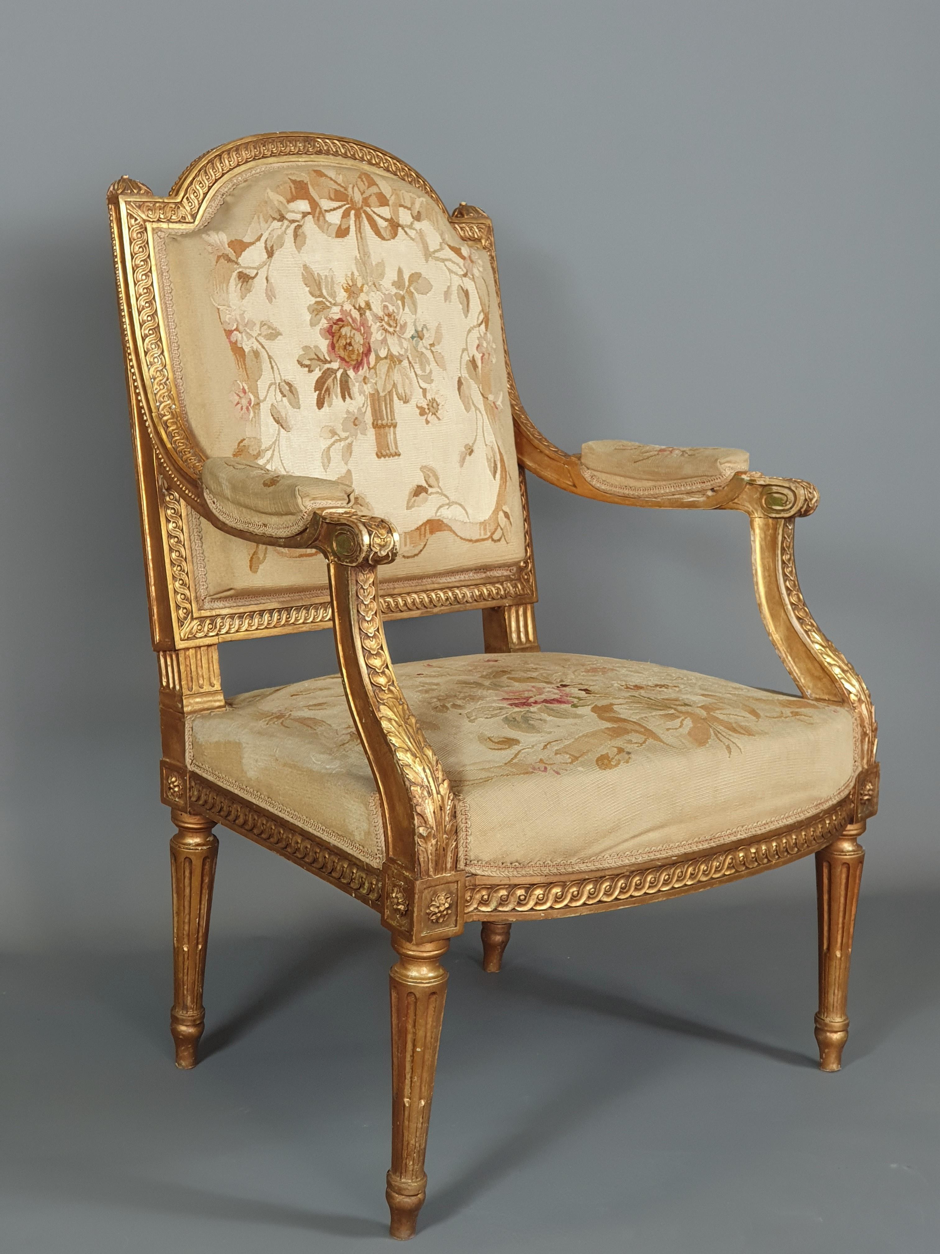 Louis XVI Living Room Furniture In Gilded Wood And Aubusson Tapestry 1