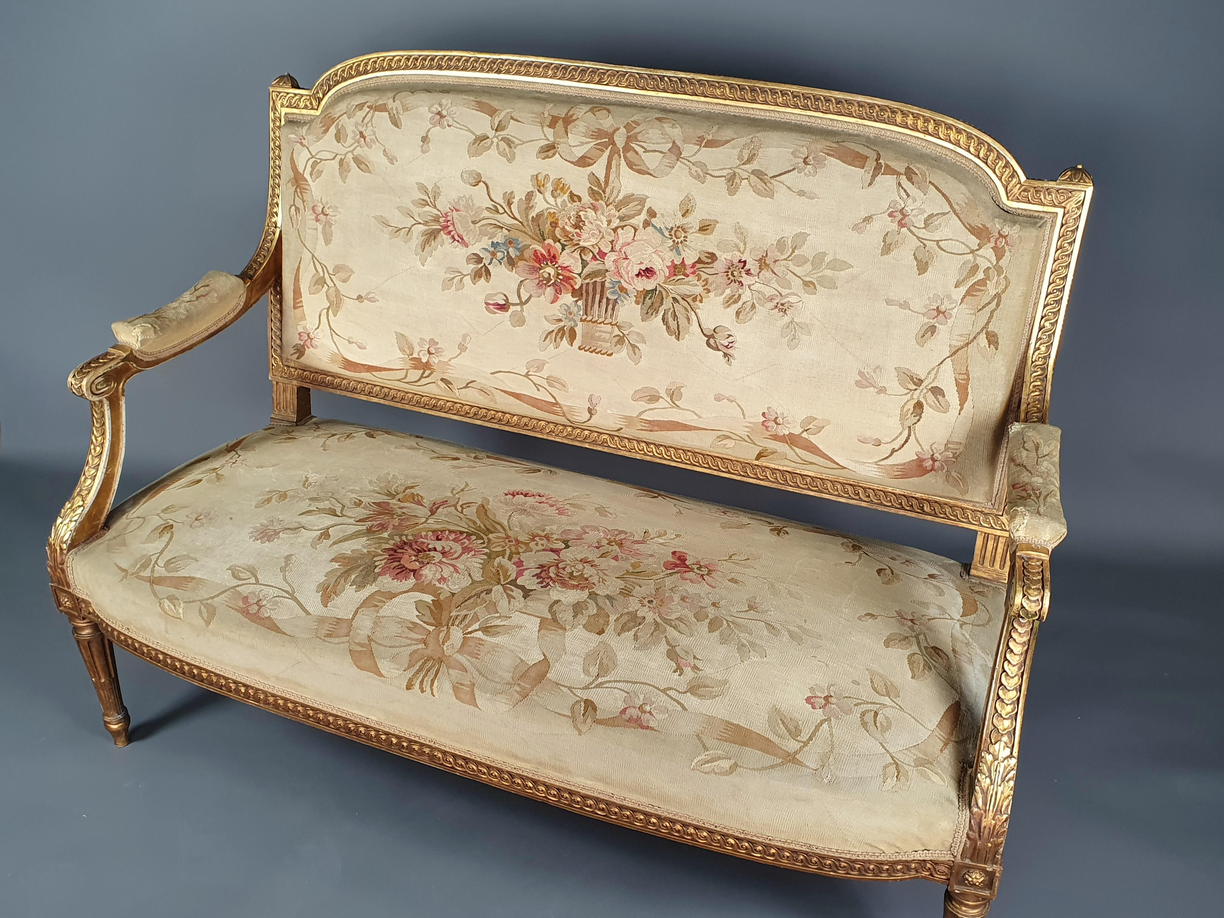 Louis XVI Living Room Furniture In Gilded Wood And Aubusson Tapestry 3