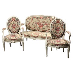 Salón Luis XVI De Madera Lacada Gris Y Tapicería
