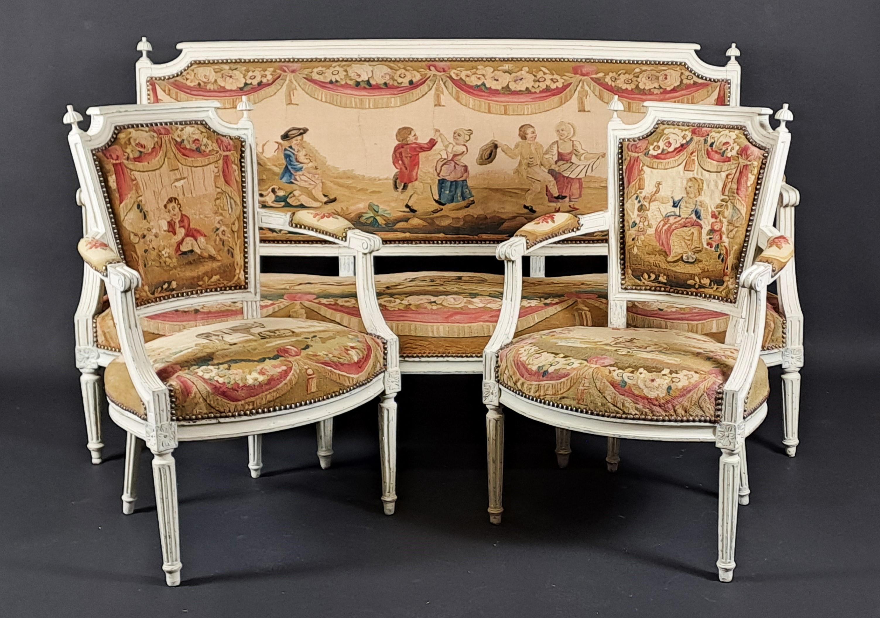 Louis XVI-Wohnzimmer-Set aus lackiertem Holz und Aubusson-Wandteppich im Angebot 3