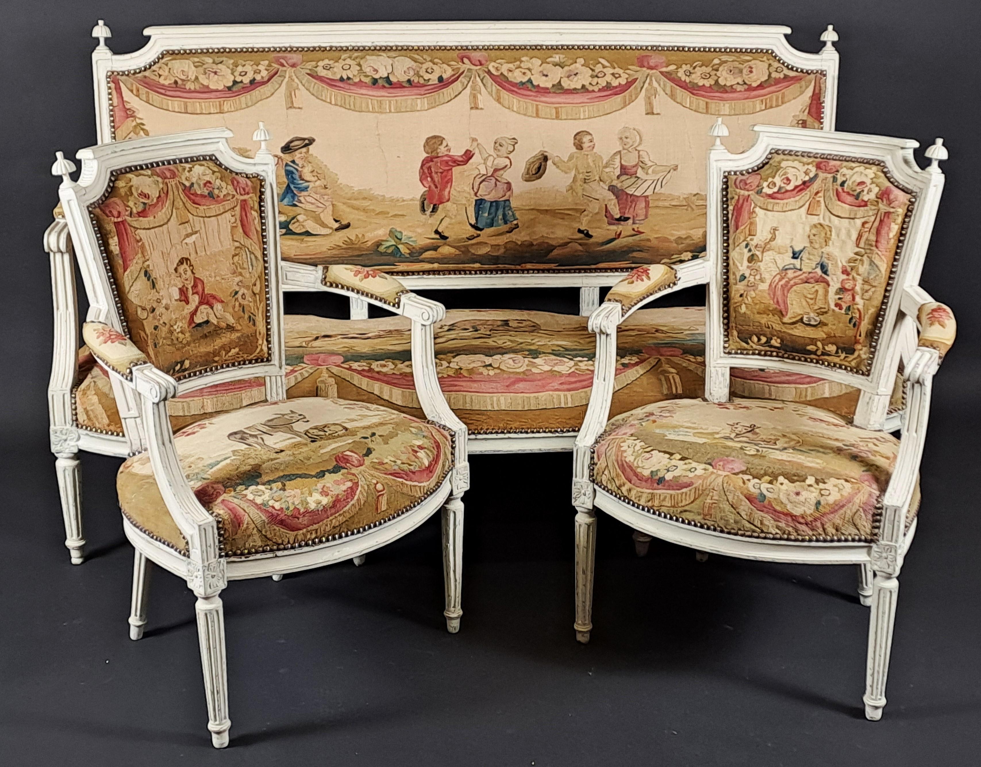 Louis XVI-Wohnzimmer-Set aus lackiertem Holz und Aubusson-Wandteppich im Angebot 4