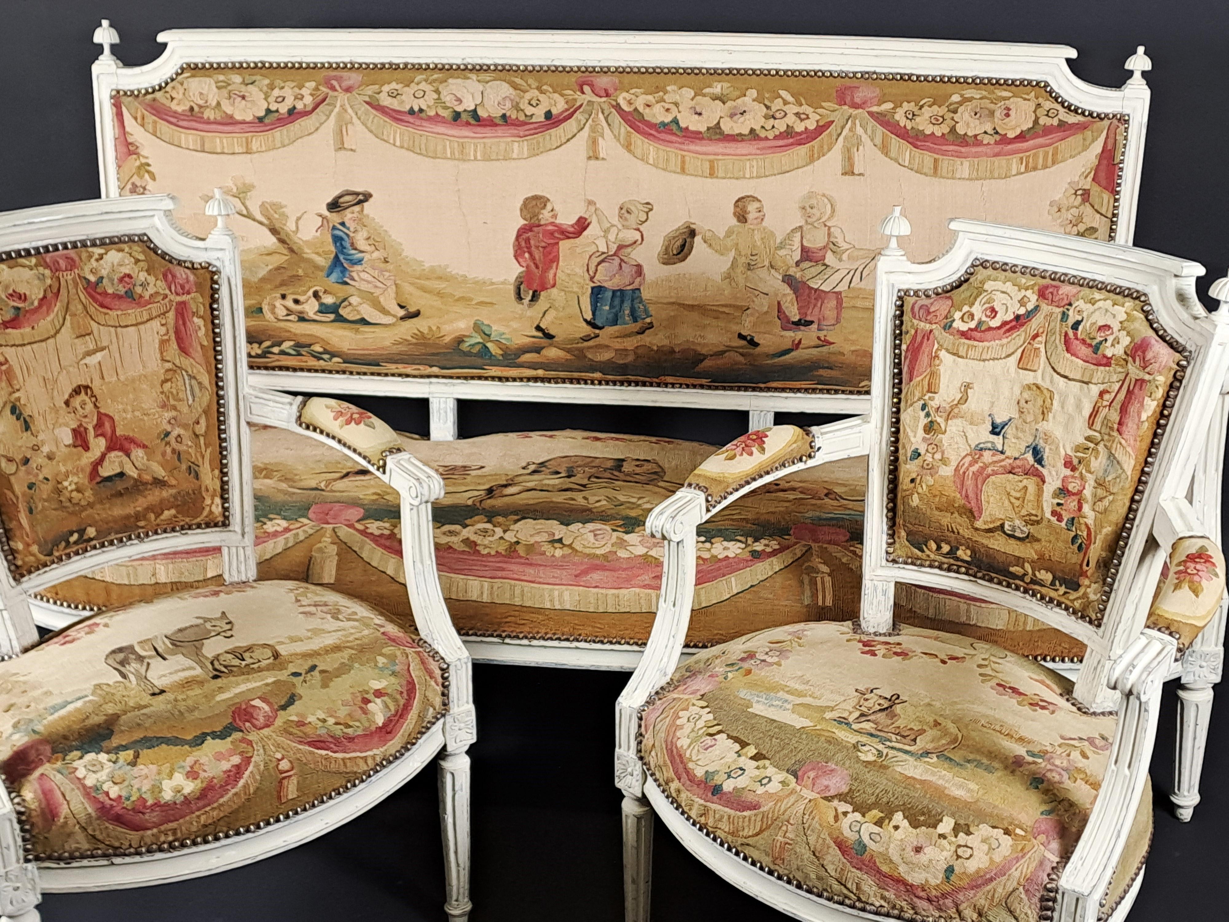Louis XVI-Wohnzimmer-Set aus lackiertem Holz und Aubusson-Wandteppich im Angebot 5