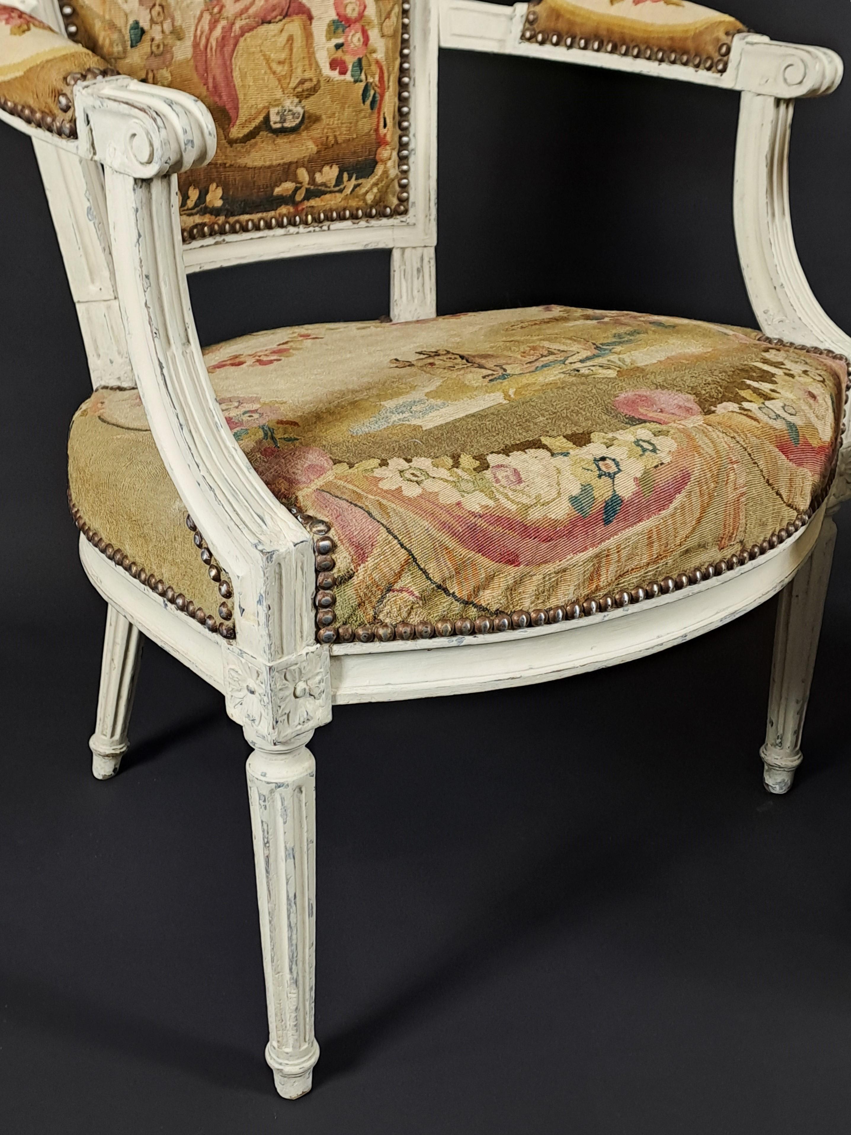 Louis XVI-Wohnzimmer-Set aus lackiertem Holz und Aubusson-Wandteppich (Louis XVI.) im Angebot