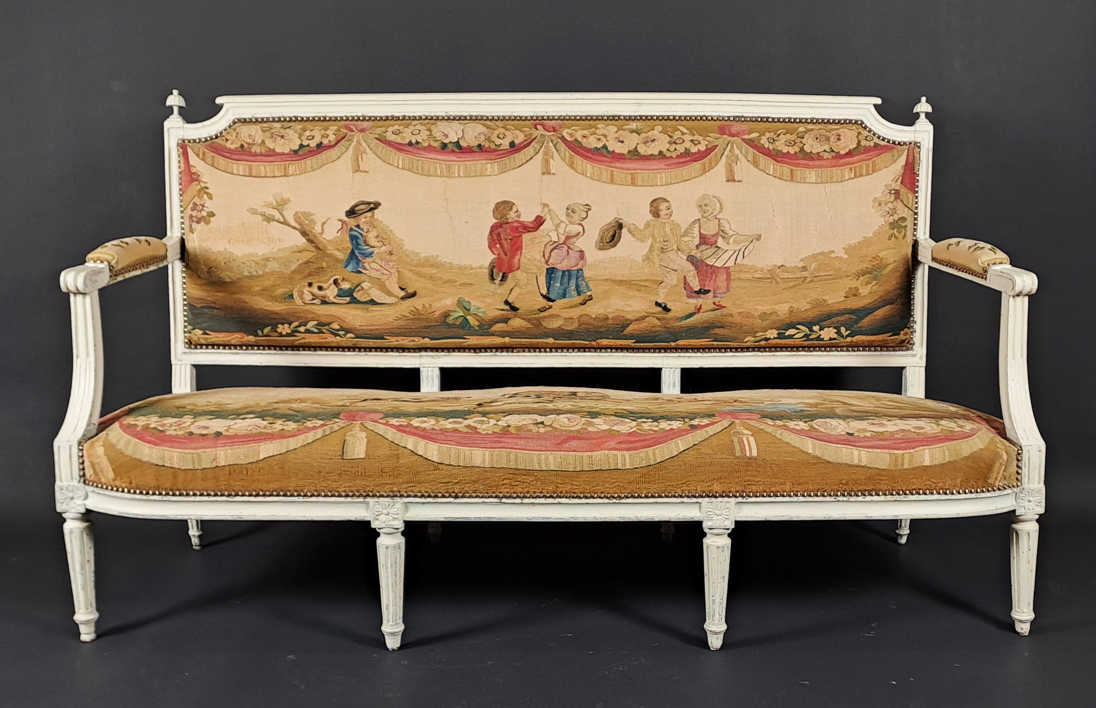 Louis XVI-Wohnzimmer-Set aus lackiertem Holz und Aubusson-Wandteppich (18. Jahrhundert) im Angebot