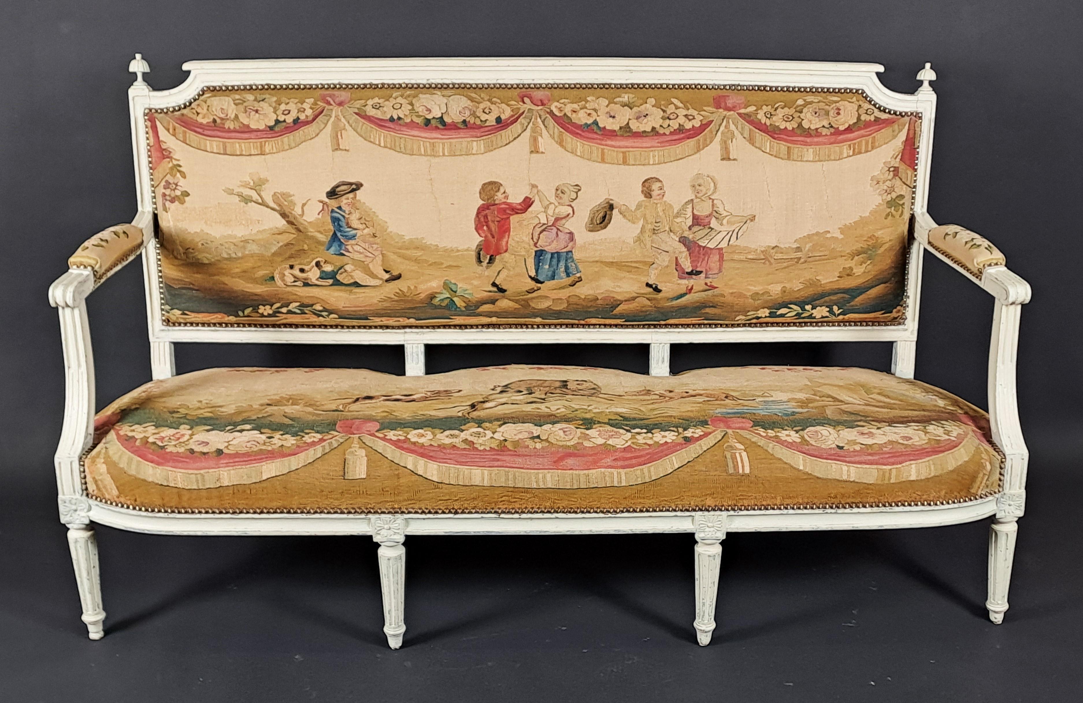 Louis XVI-Wohnzimmer-Set aus lackiertem Holz und Aubusson-Wandteppich im Angebot 2