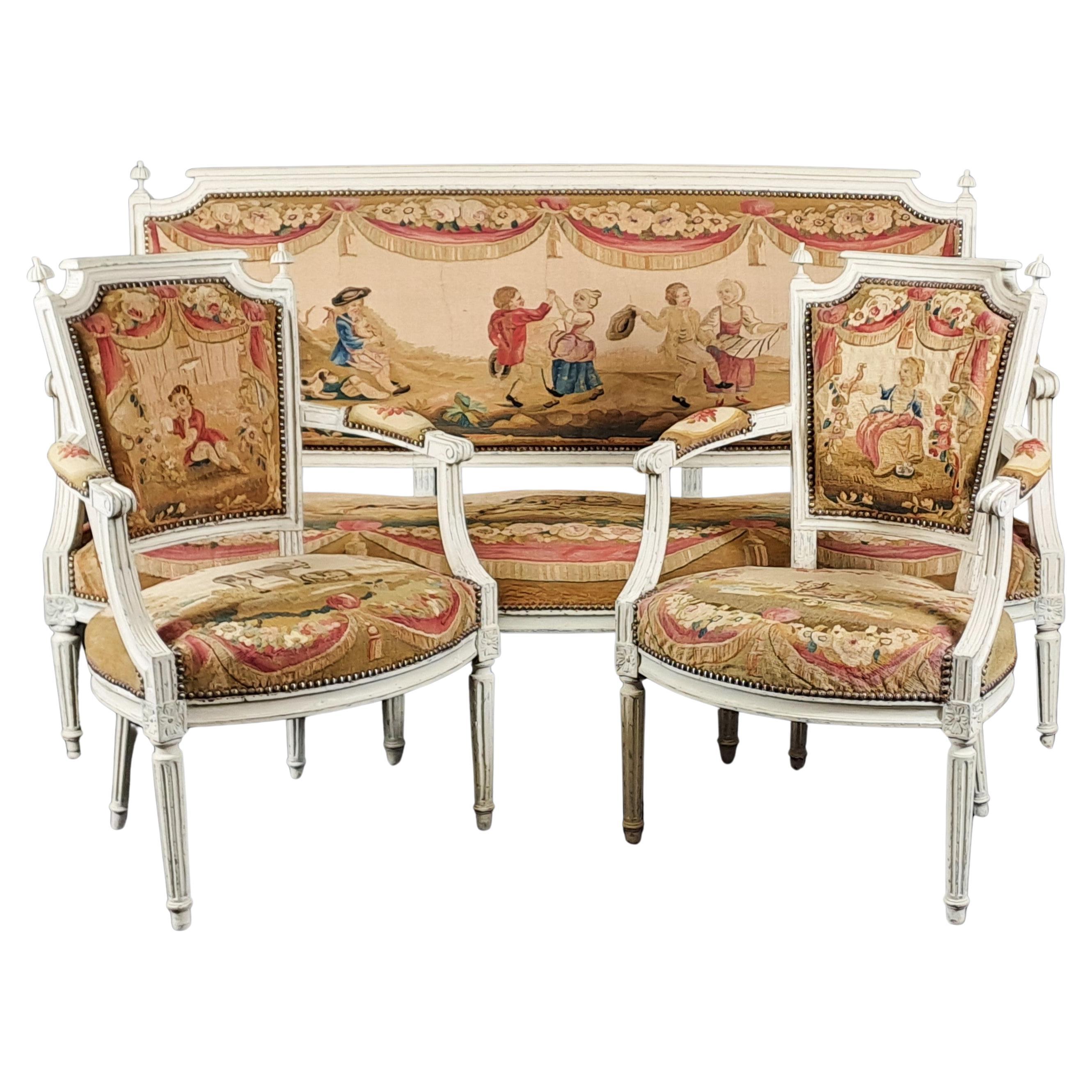 Ensemble de salon Louis XVI en bois laqué et tapisserie d'Aubusson