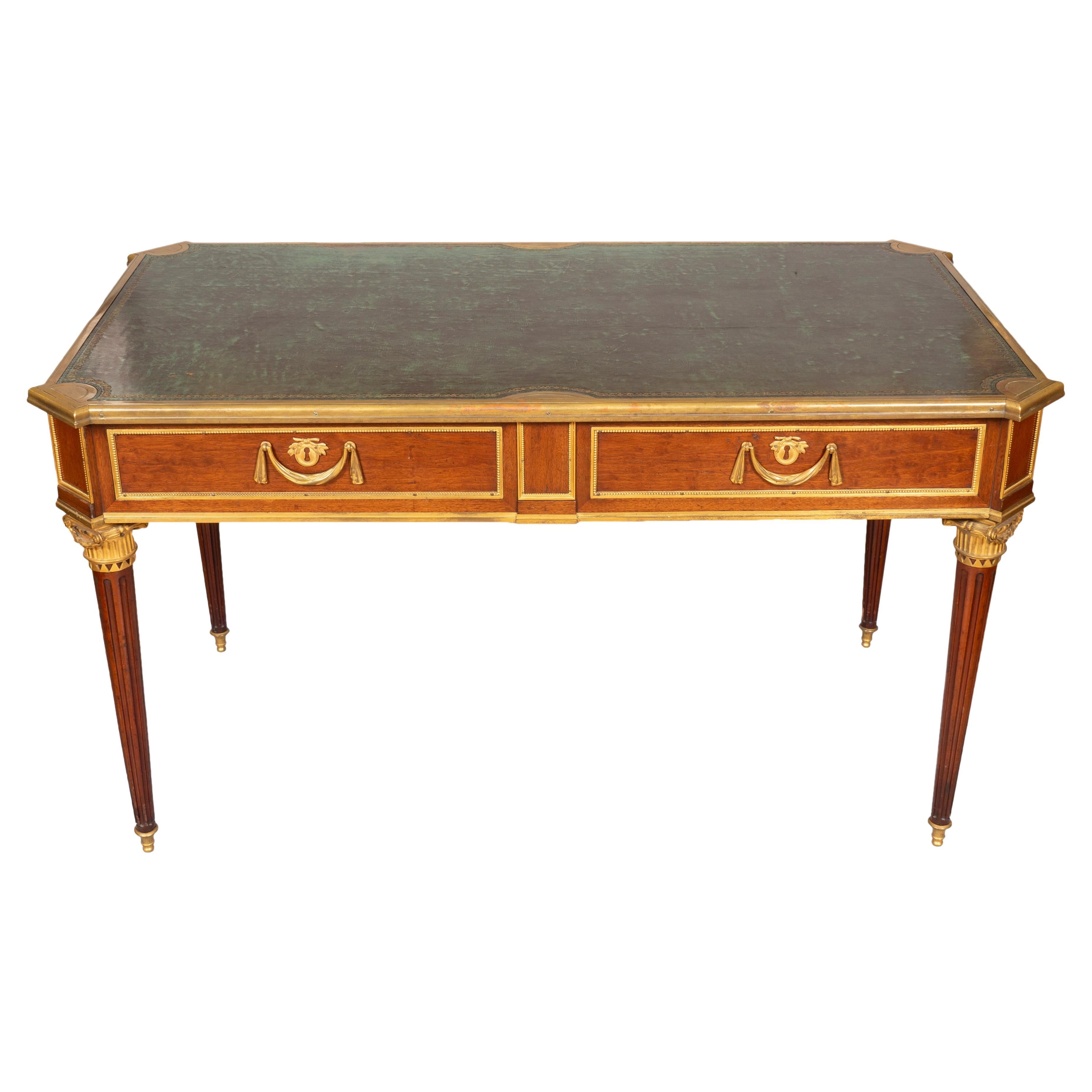 This desk is by one of the finest makers in France during the fourth quarter of the 18th century under the reign of Louis XVI.
Stamped M.CARLIN and JME on underside. Two commodes by Carlin with identical handles are illustrated in Le Mobilier