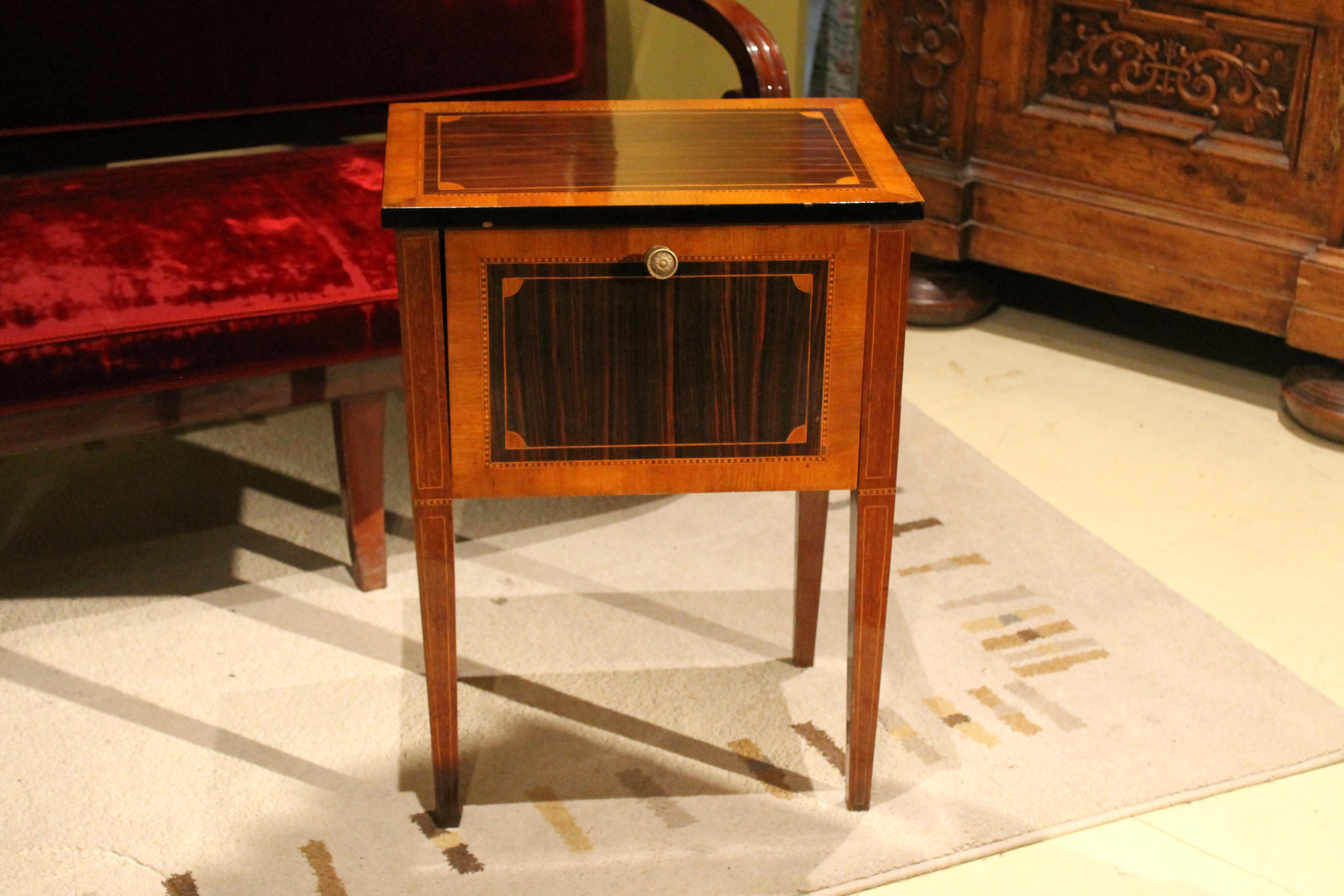 Bronze Louis XVI Mahogany and Walnut Wood Veneer Narrow Night Stand with Folding Door