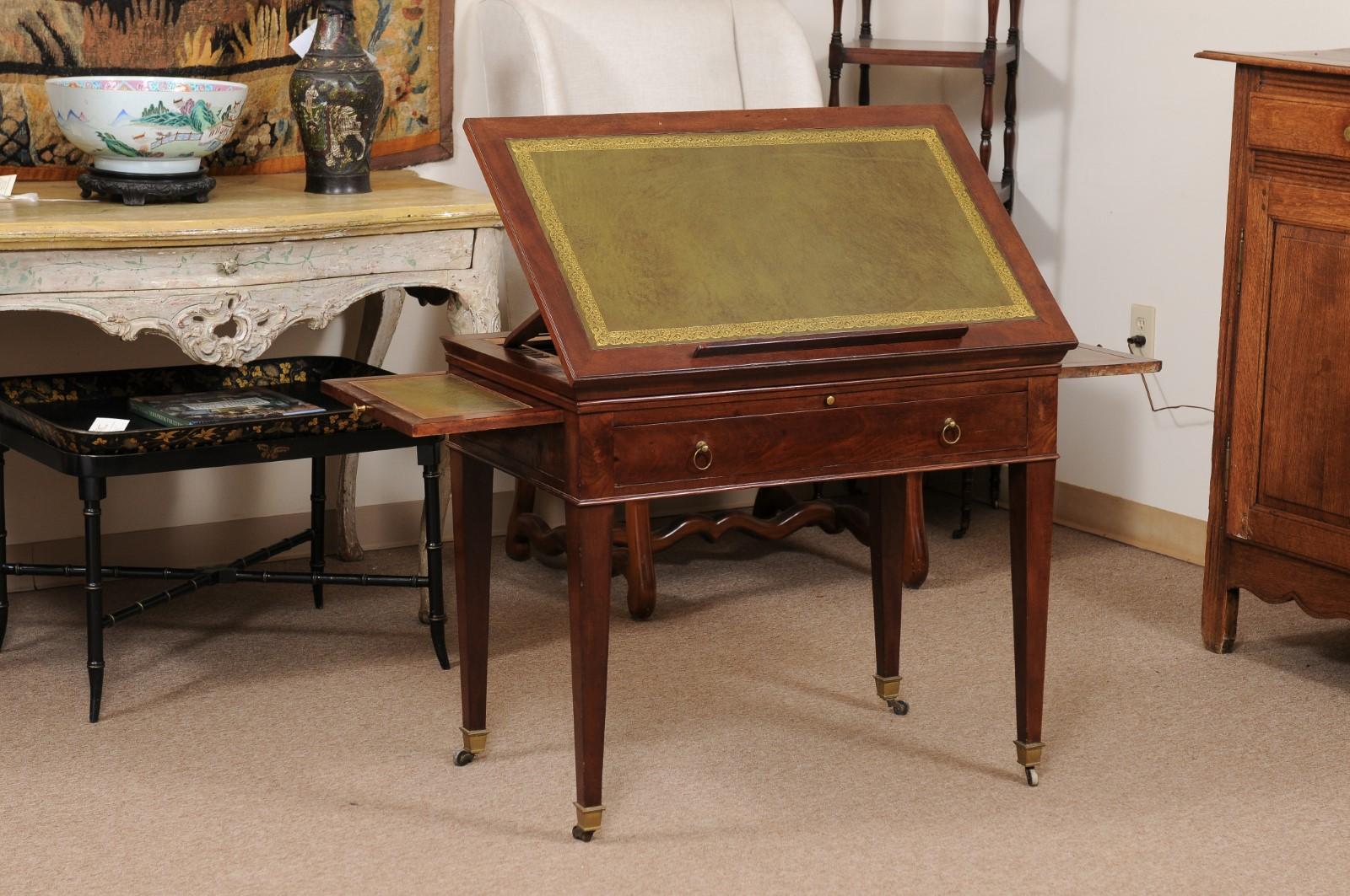 18th Century Louis XVI Mahogany Architect’s Desk with Leather Top, France ca. 1800 For Sale