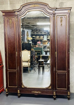 Louis XVI Mahogany Armoire, Mercier Frères, Dore Bronze, Beveled Mirror