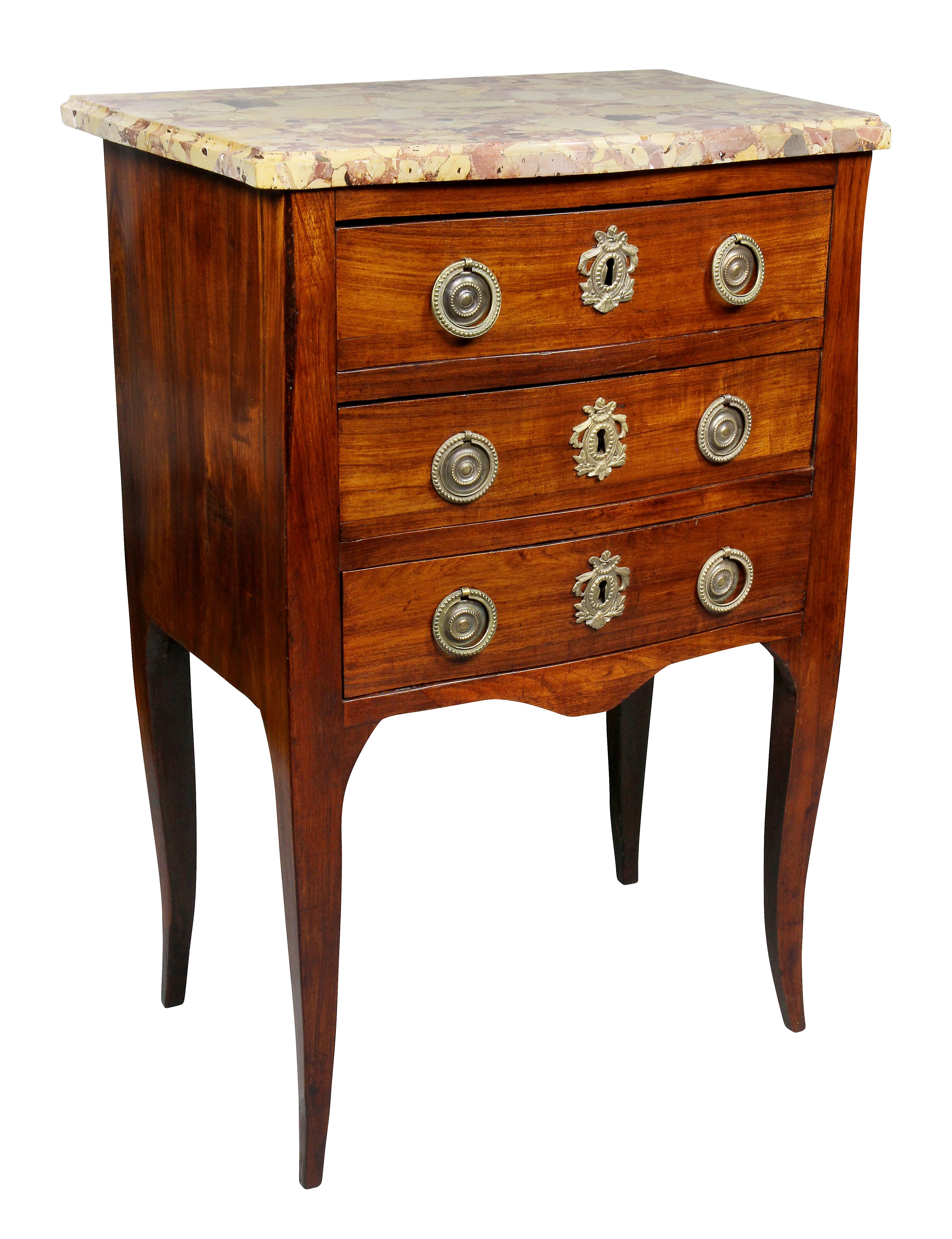 With original Breche De Alep serpentine marble top over three drawers with ring handles and conforming backplates raised on slight cabriole legs.