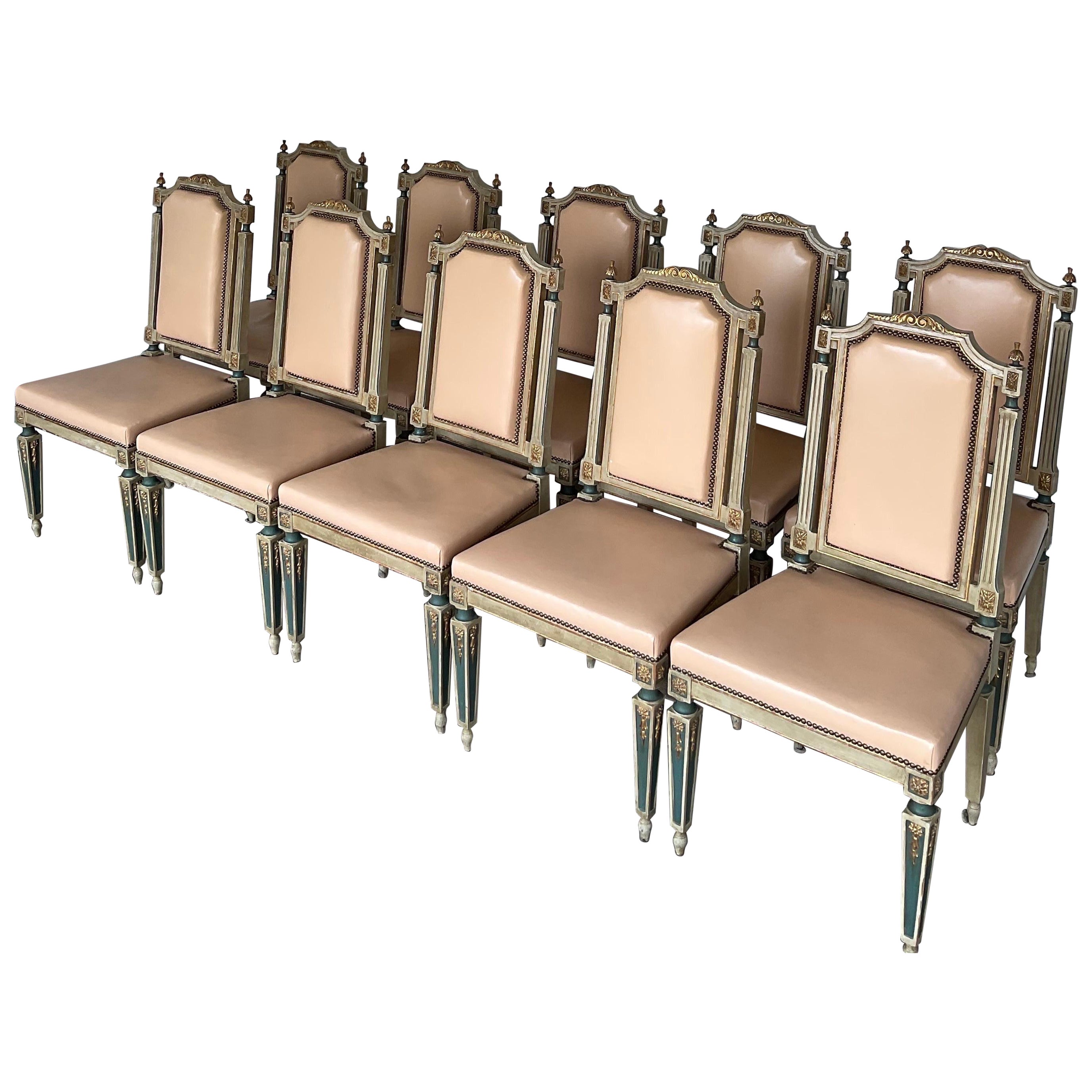 Louis XVI Maison Jansen Carved and Painted Dining Chairs, Set of 10