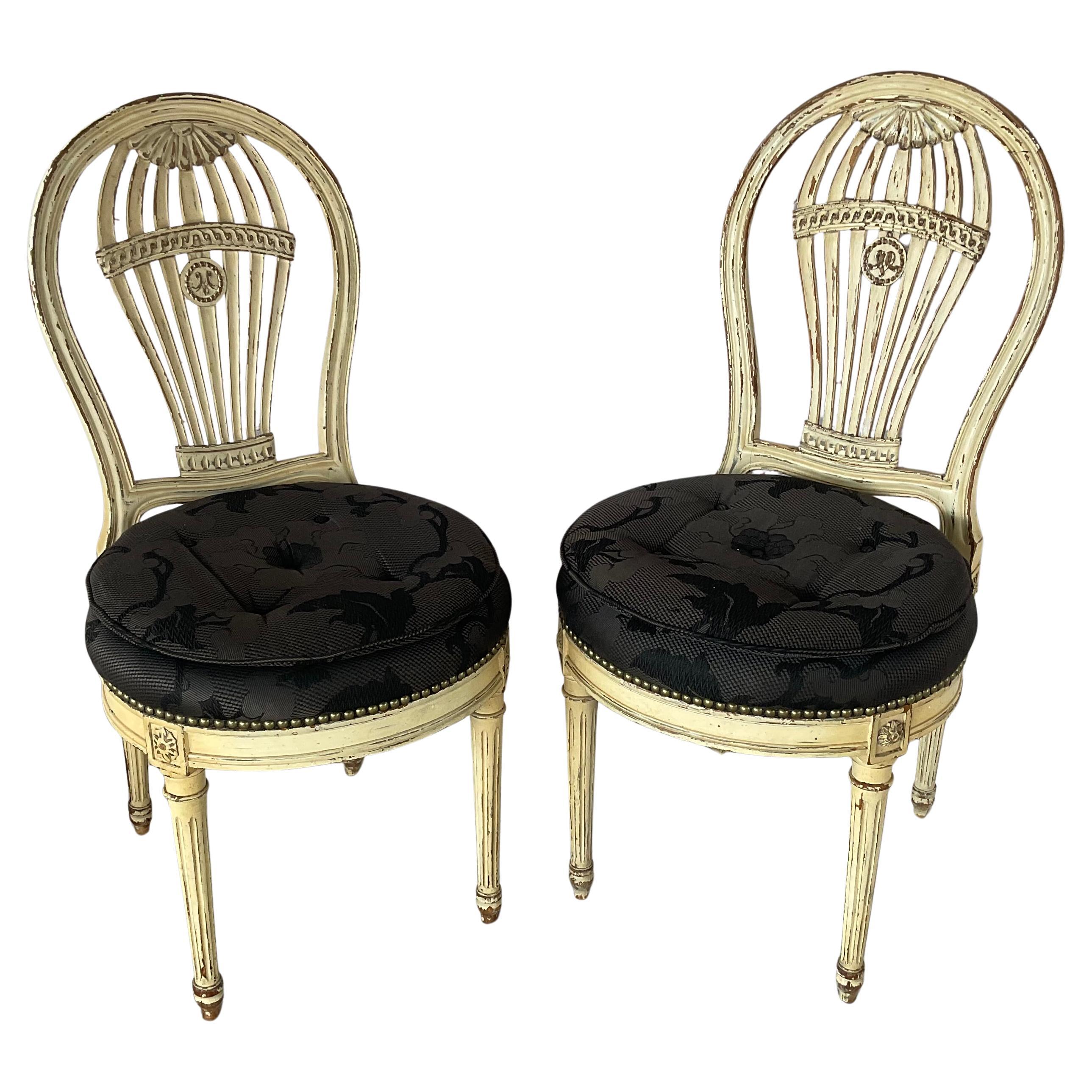 Set of Six Louis XVI Maison Jansen Style Balloon-Back Dining Chairs in the manner of Maison Jansen. Each chair features a balloon back with finely carved details, including fluted legs and rosette medallions, all in a beautifully aged perfect