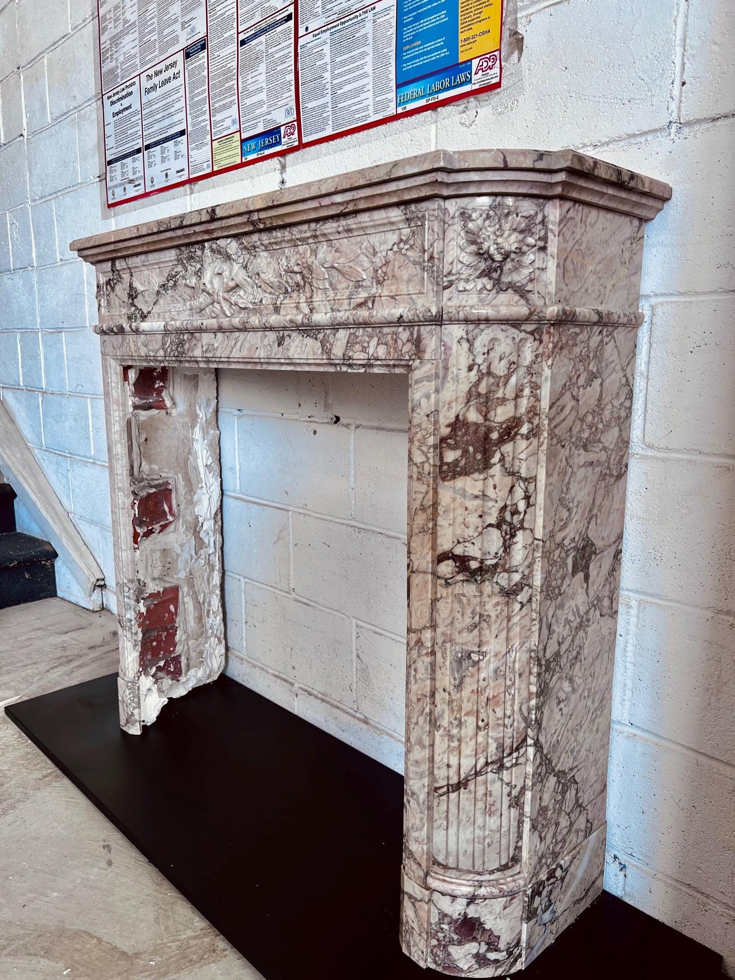Hand-Carved Louis XVI Style Mantel in Breccia Rosa Marble with Rosette Corner Blocks