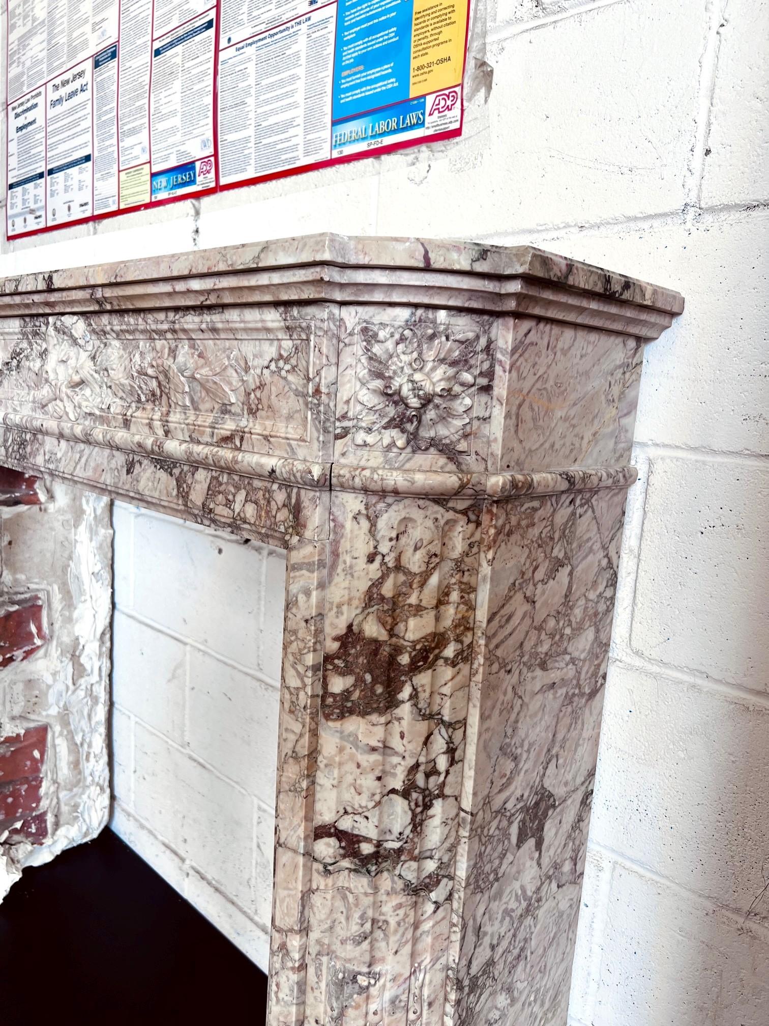 18th Century and Earlier Louis XVI Style Mantel in Breccia Rosa Marble with Rosette Corner Blocks