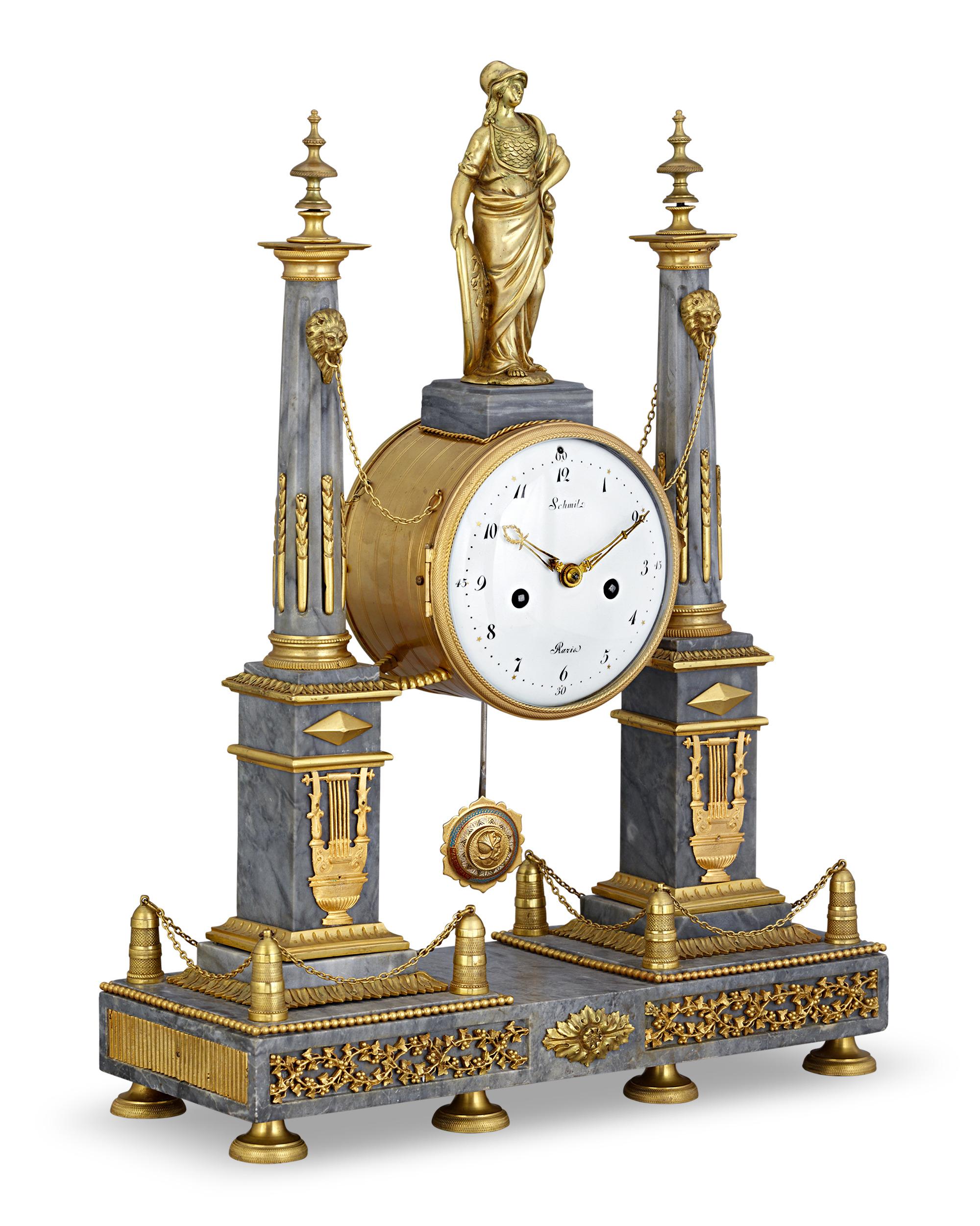 A horologic masterpiece of precision and beauty, this neoclassical marble and ormolu mantle clock is an extraordinary example of late 18th-century French clockmaking by the famed Jean-Nicolas Schmit of Paris. In this treasure, two ormolu-gilded