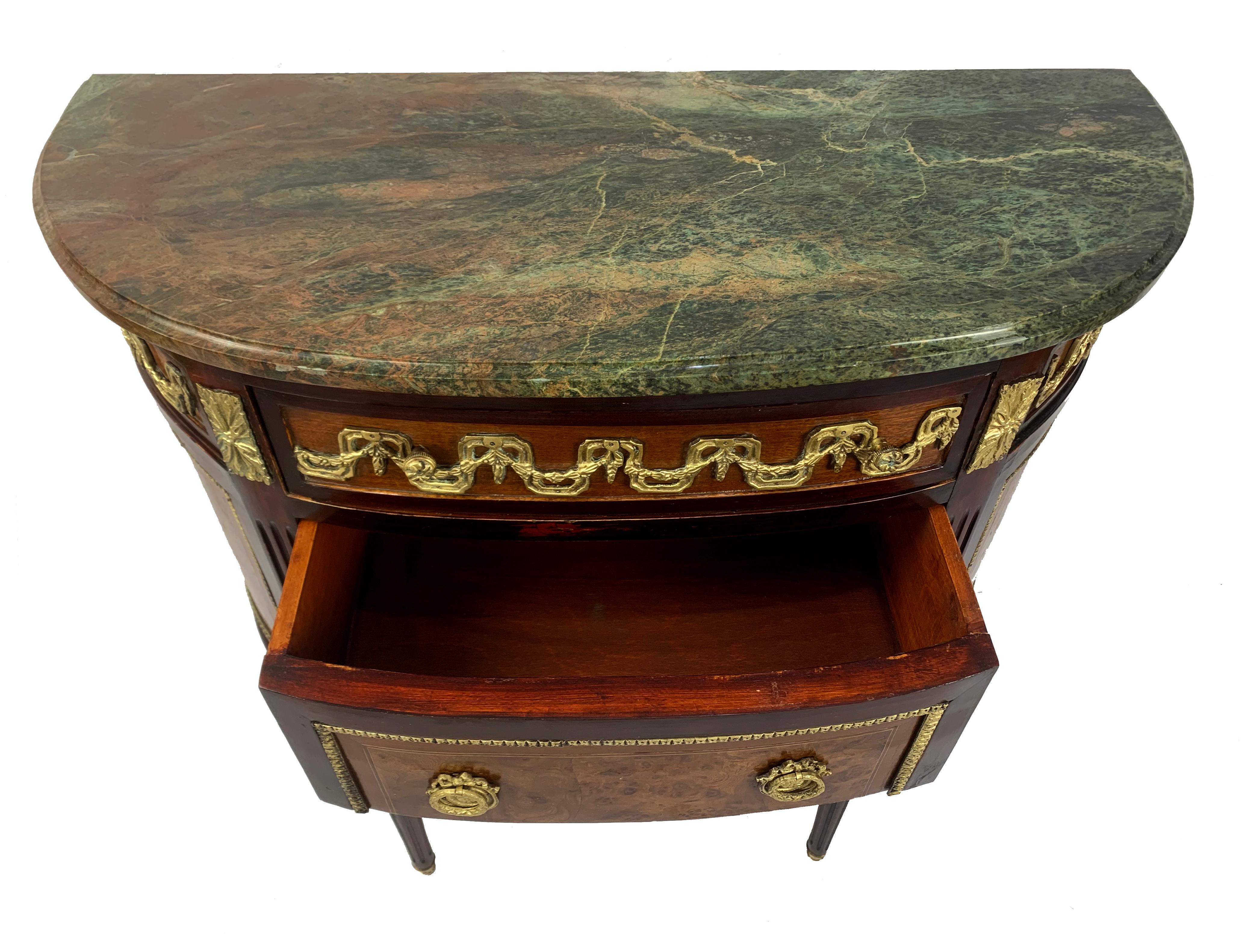 French Louis XVI Marble-Top and Bronze Demilune Commode Chest