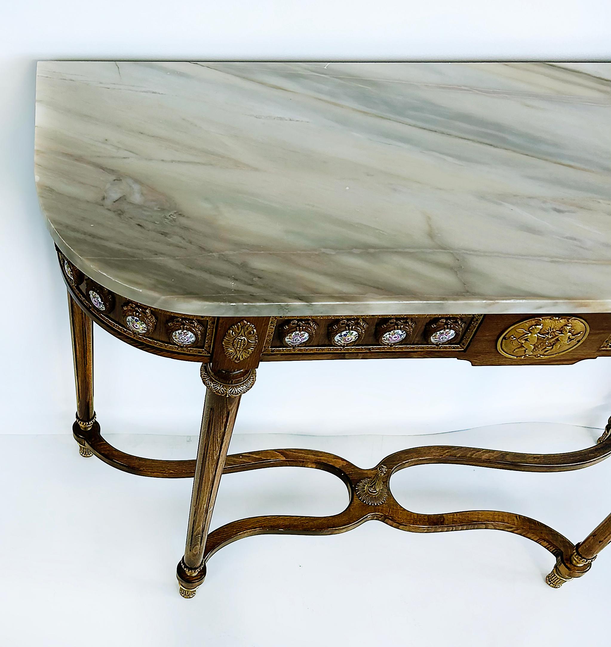 Doré Louis XVI Marble Top Console Table, Gilt Bronze, Porcelain Hand-painted Plaques en vente