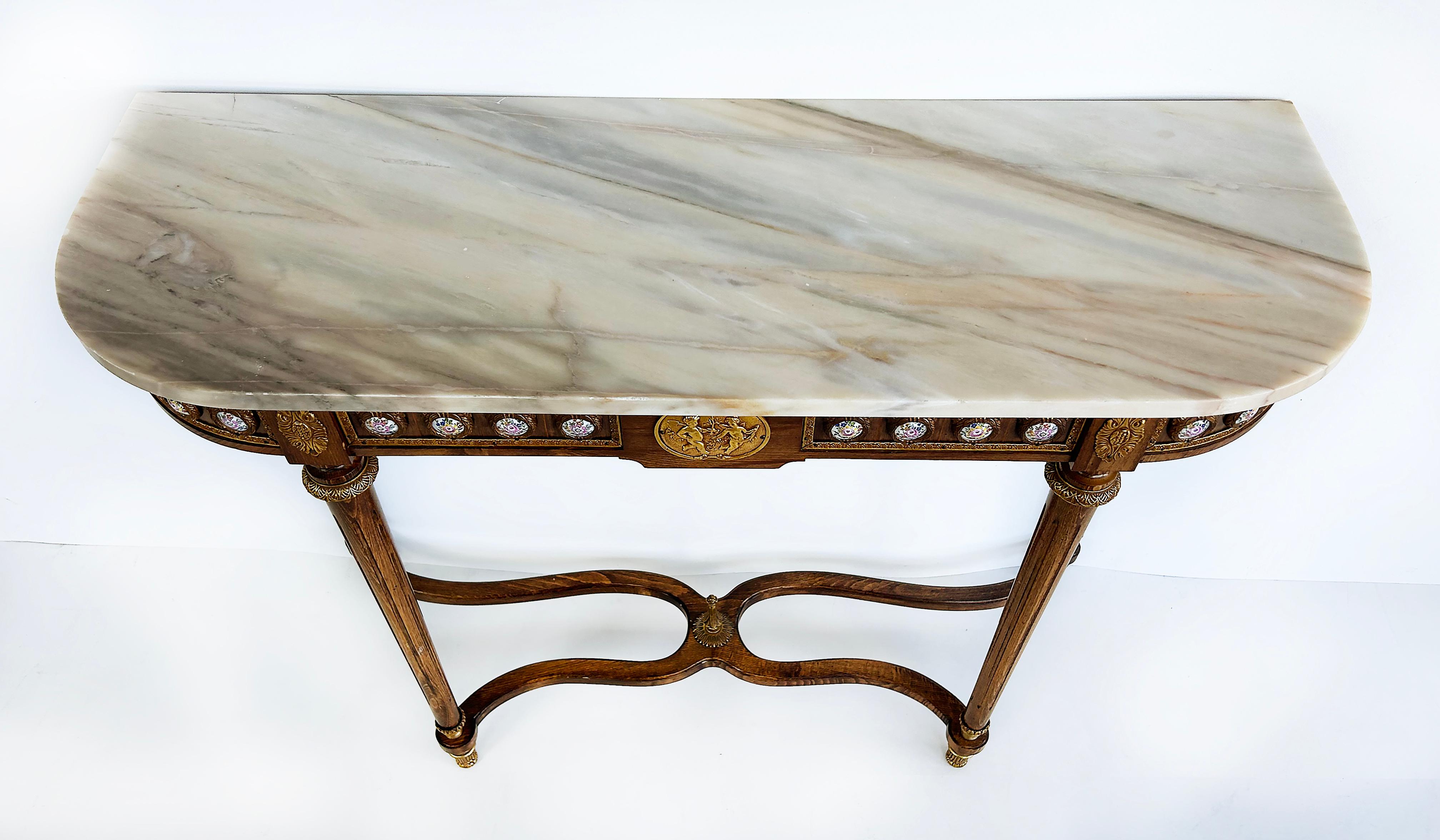 20ième siècle Louis XVI Marble Top Console Table, Gilt Bronze, Porcelain Hand-painted Plaques en vente