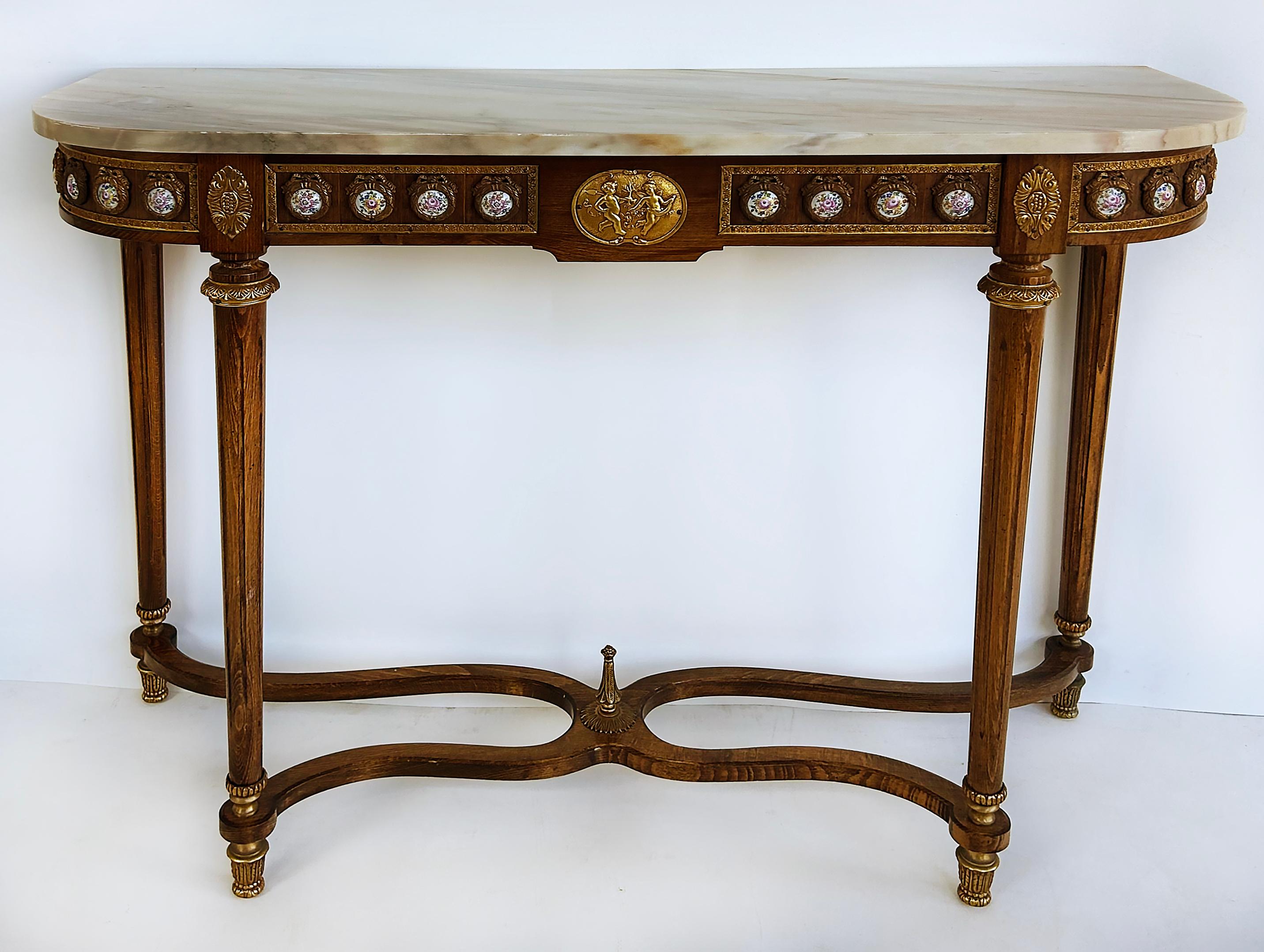 Louis XVI Marble Top Console Table, Gilt Bronze, Porcelain Hand-painted Plaques en vente 2