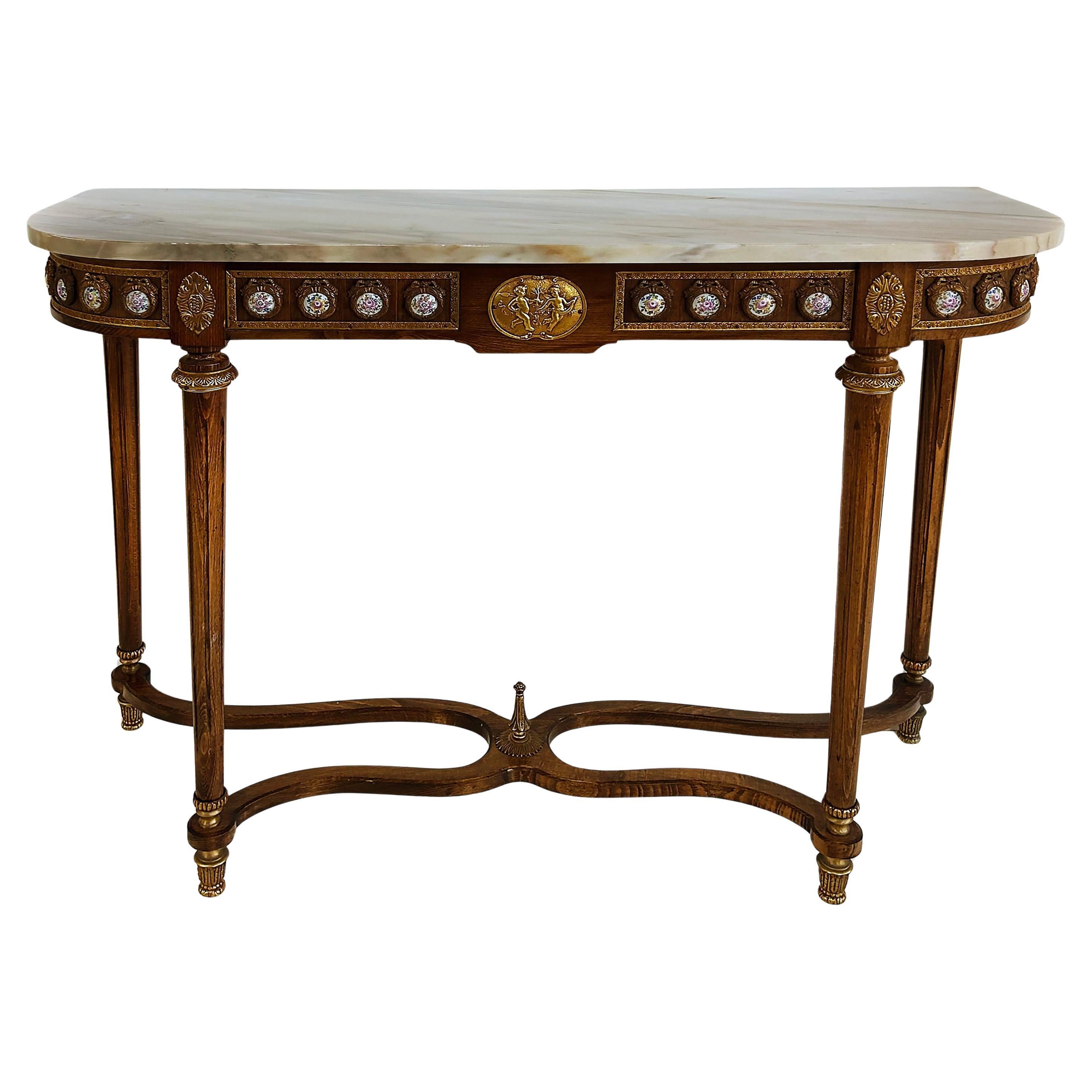 Louis XVI Marble Top Console Table, Gilt Bronze, Porcelain Hand-painted Plaques en vente