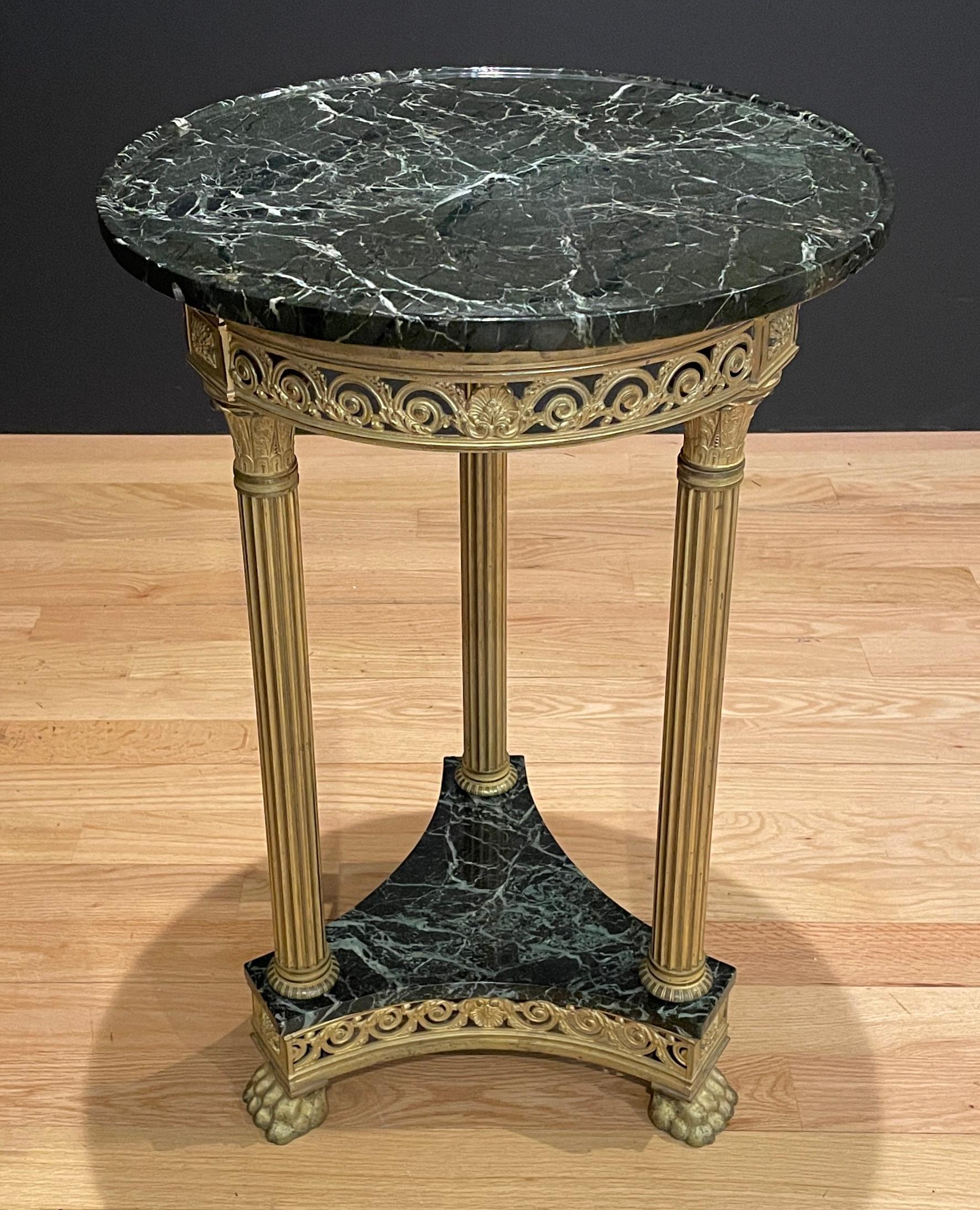 Fine quality 19th century Verde Antico marble top bronze gueridon side table having an Empire, Neoclassical feel. Marble top with a unique inverted carved 