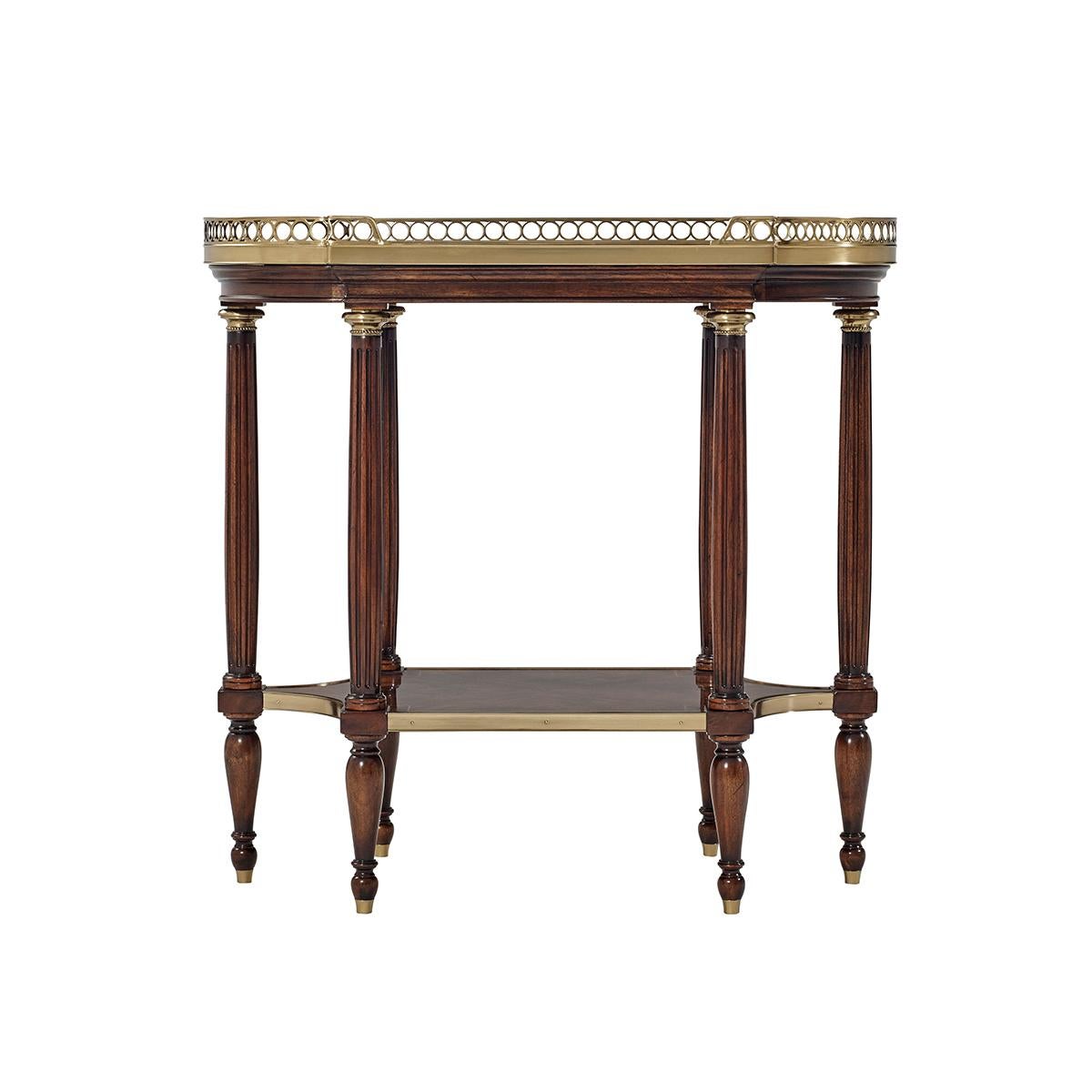 A classic marble top mahogany end table, the white-veined black marble D end top with a three-quarter brass gallery on fluted supports joined by a concave-sided under tier. The original Louis XVI.

Dimensions: 30