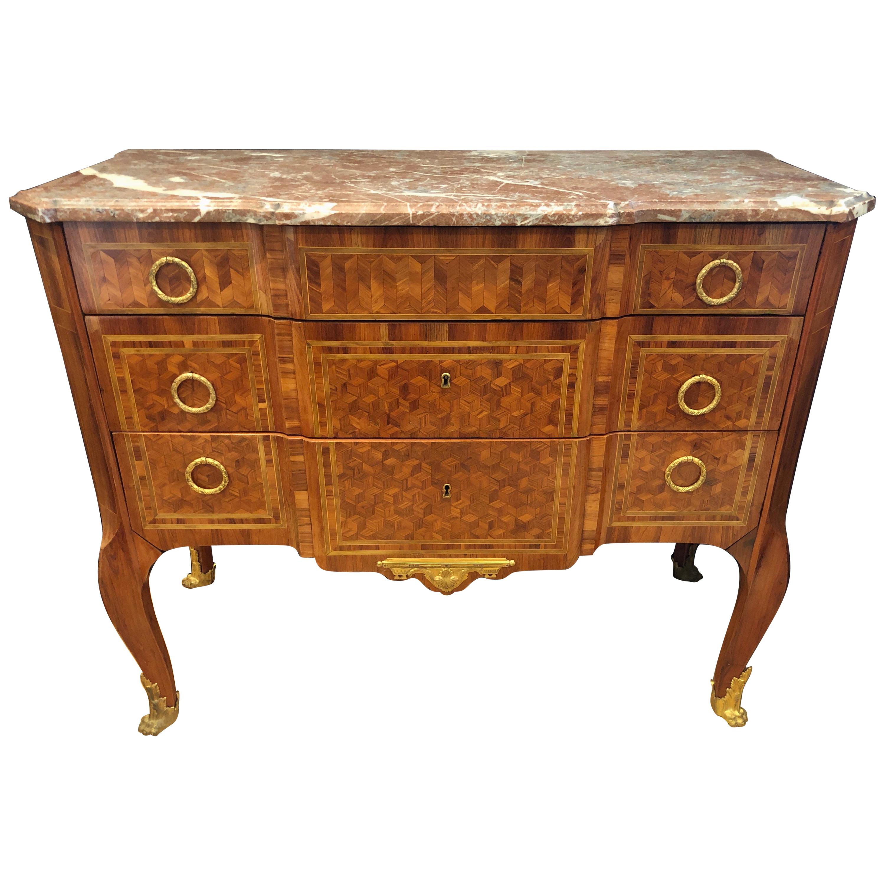Louis XVI Marble-Top Marquetry Commode, 19th Century, France