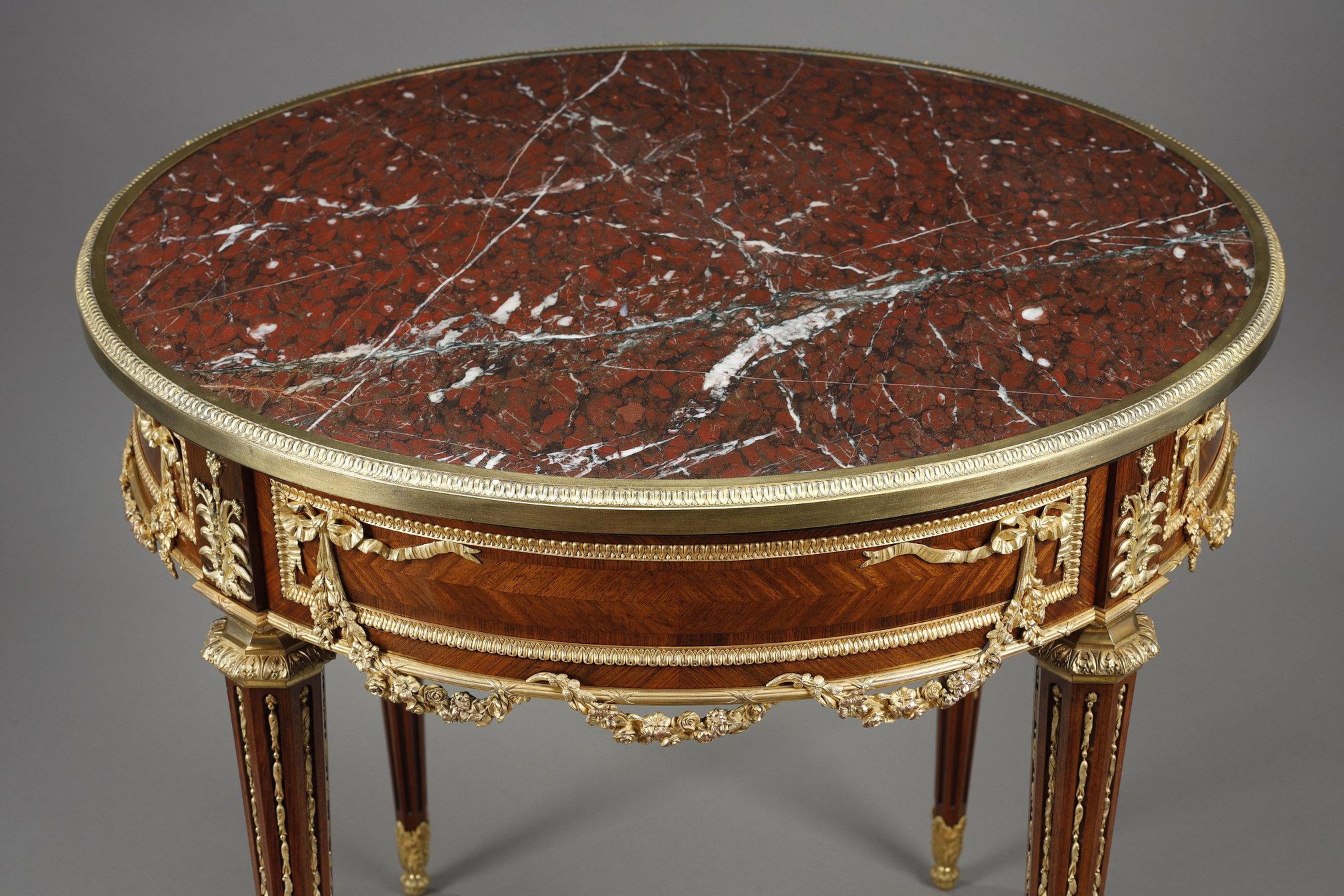 Louis XVI marquetry and gilt bronze pedestal table with marble top For Sale 8