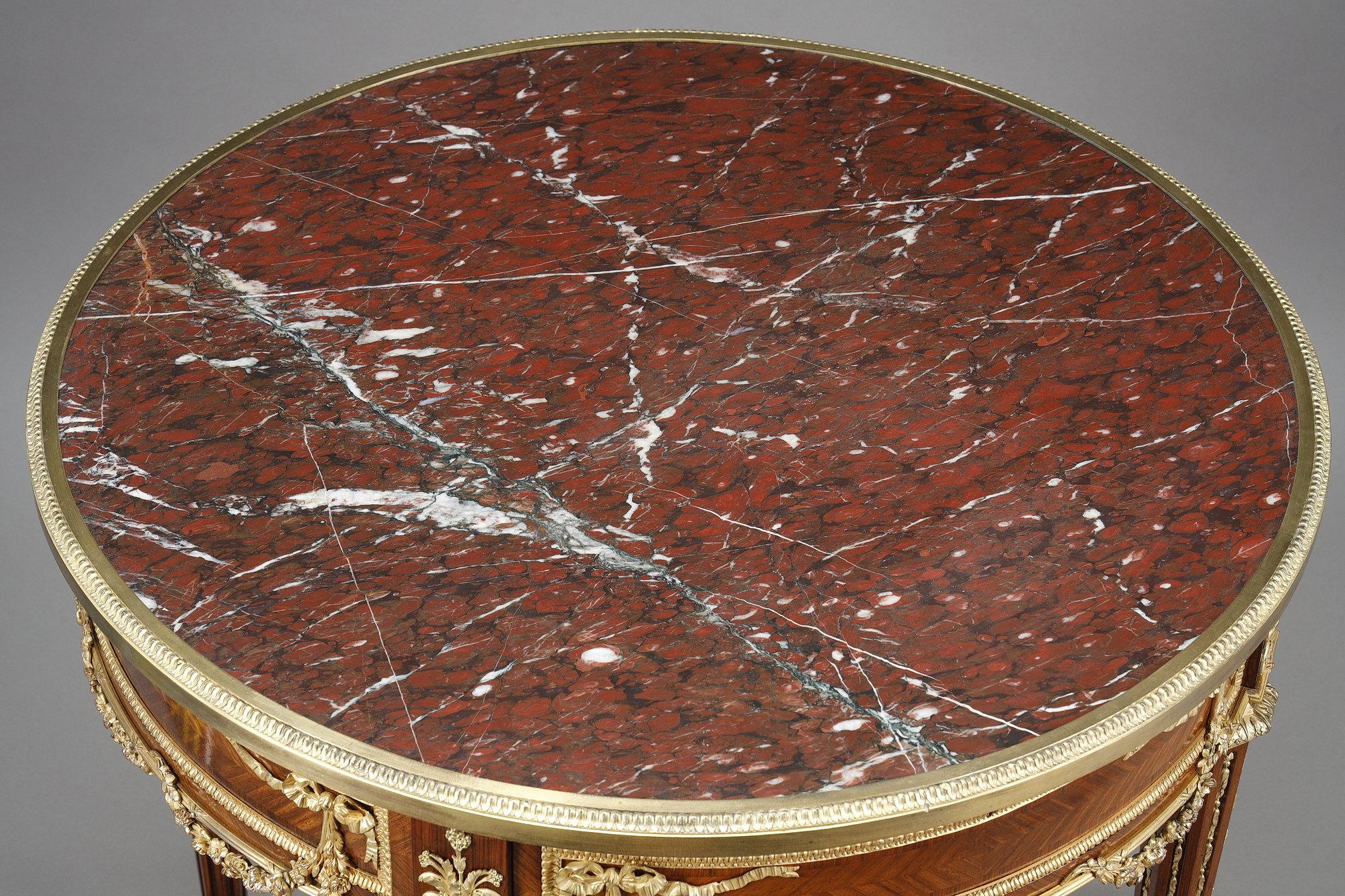 Louis XVI marquetry and gilt bronze pedestal table with marble top For Sale 9