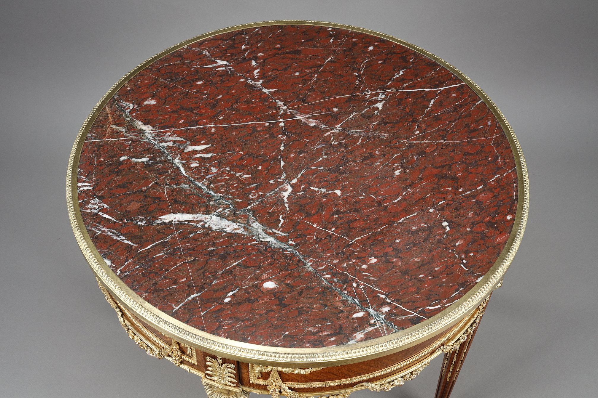 Louis XVI marquetry and gilt bronze pedestal table with marble top For Sale 10