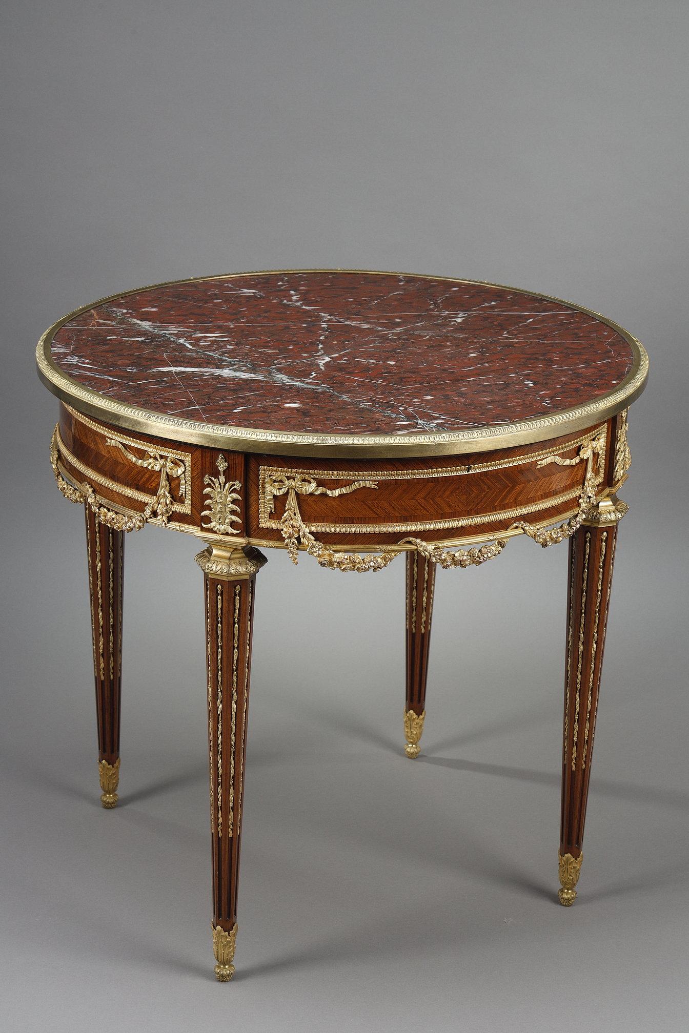 French Louis XVI marquetry and gilt bronze pedestal table with marble top For Sale