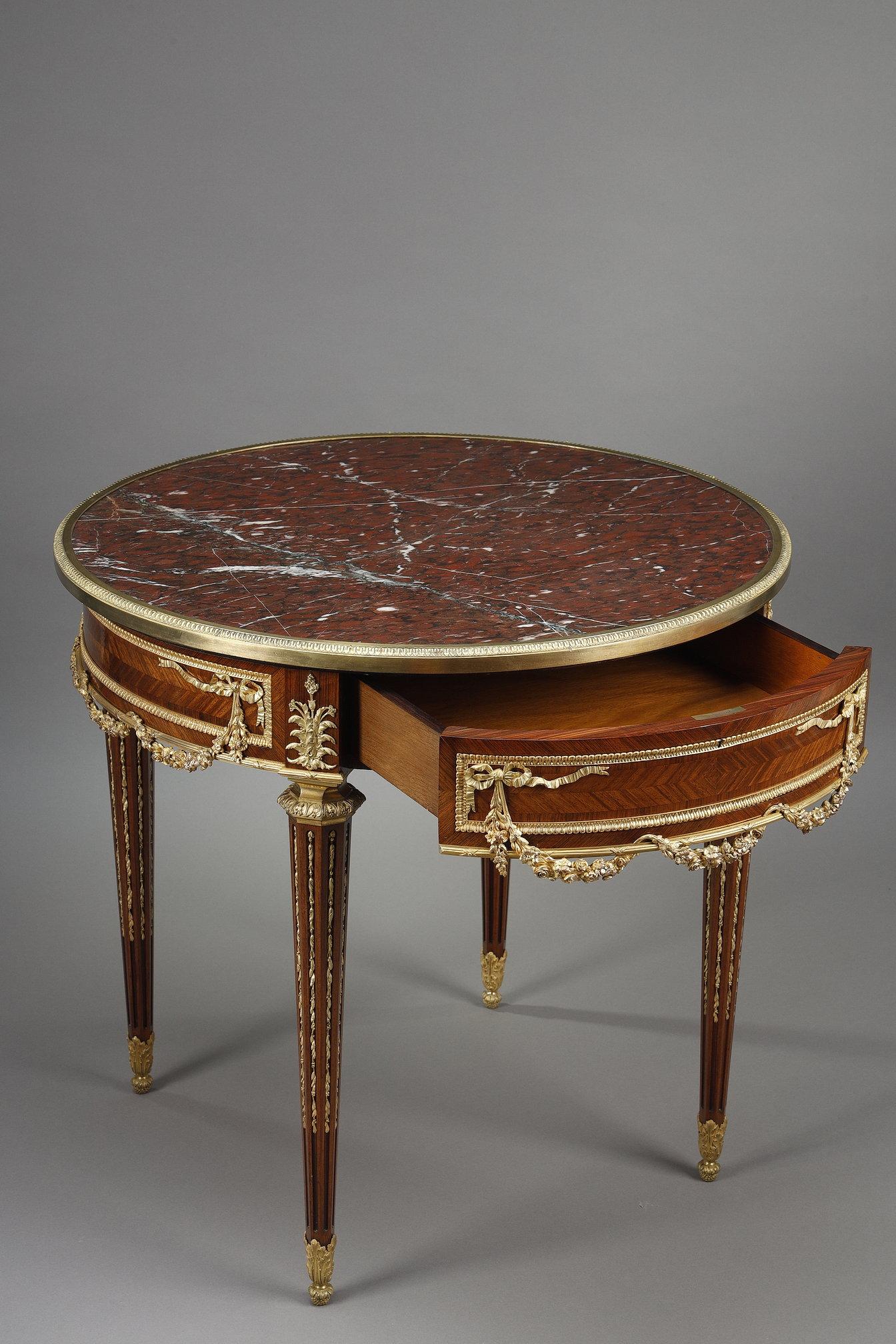 Gilt Louis XVI marquetry and gilt bronze pedestal table with marble top For Sale