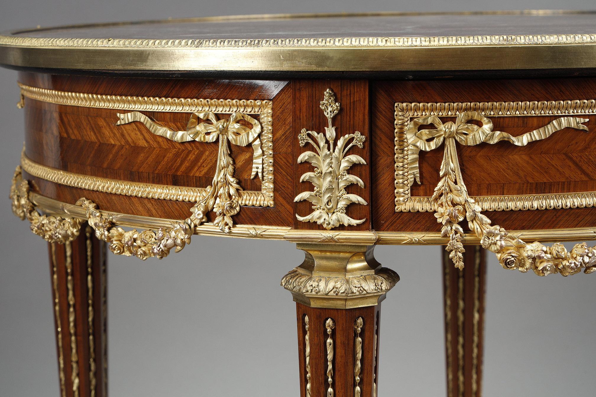 Late 19th Century Louis XVI marquetry and gilt bronze pedestal table with marble top For Sale