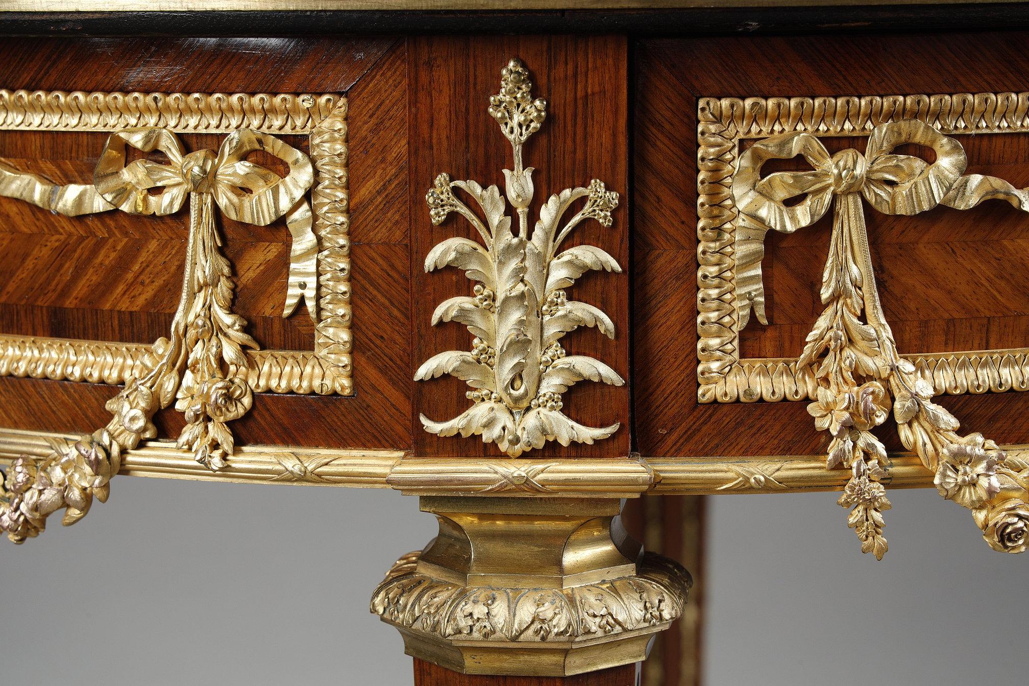 Bronze Louis XVI marquetry and gilt bronze pedestal table with marble top For Sale